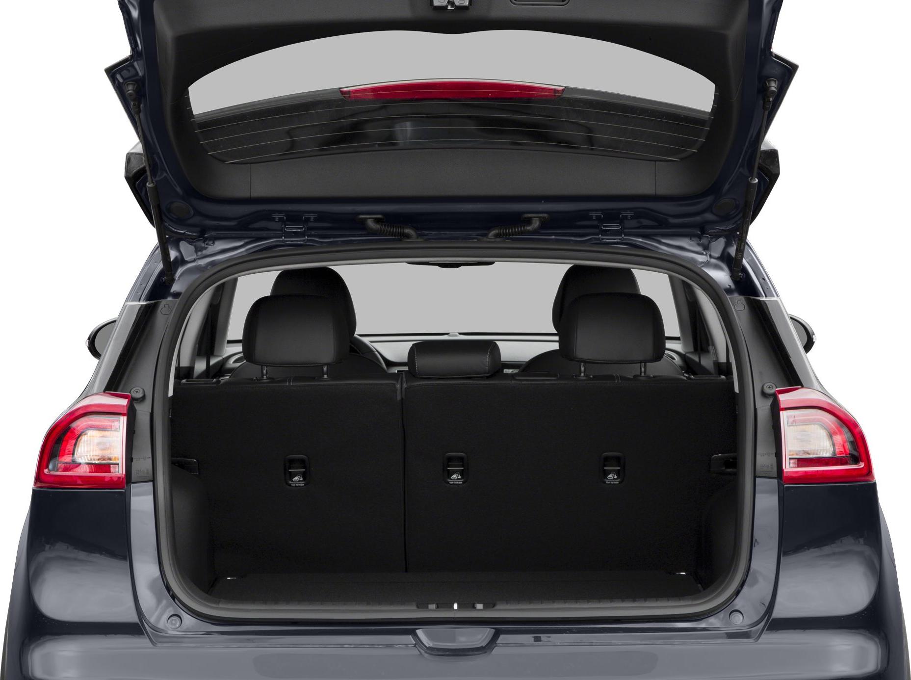 Open hatchback rear cargo area with visible rear seats and headrests