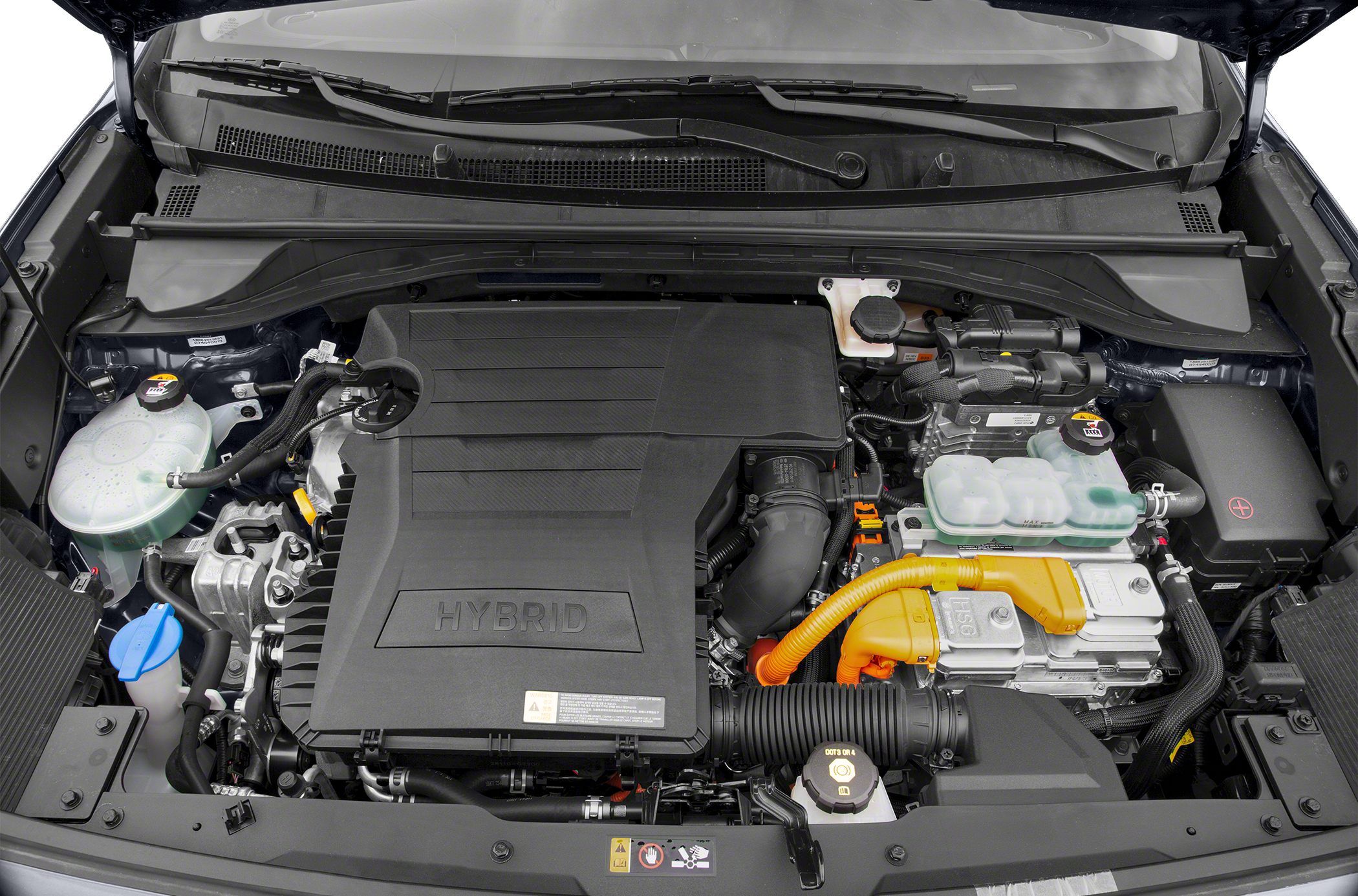 Hybrid engine bay with detailed powertrain components and orange high-voltage cables