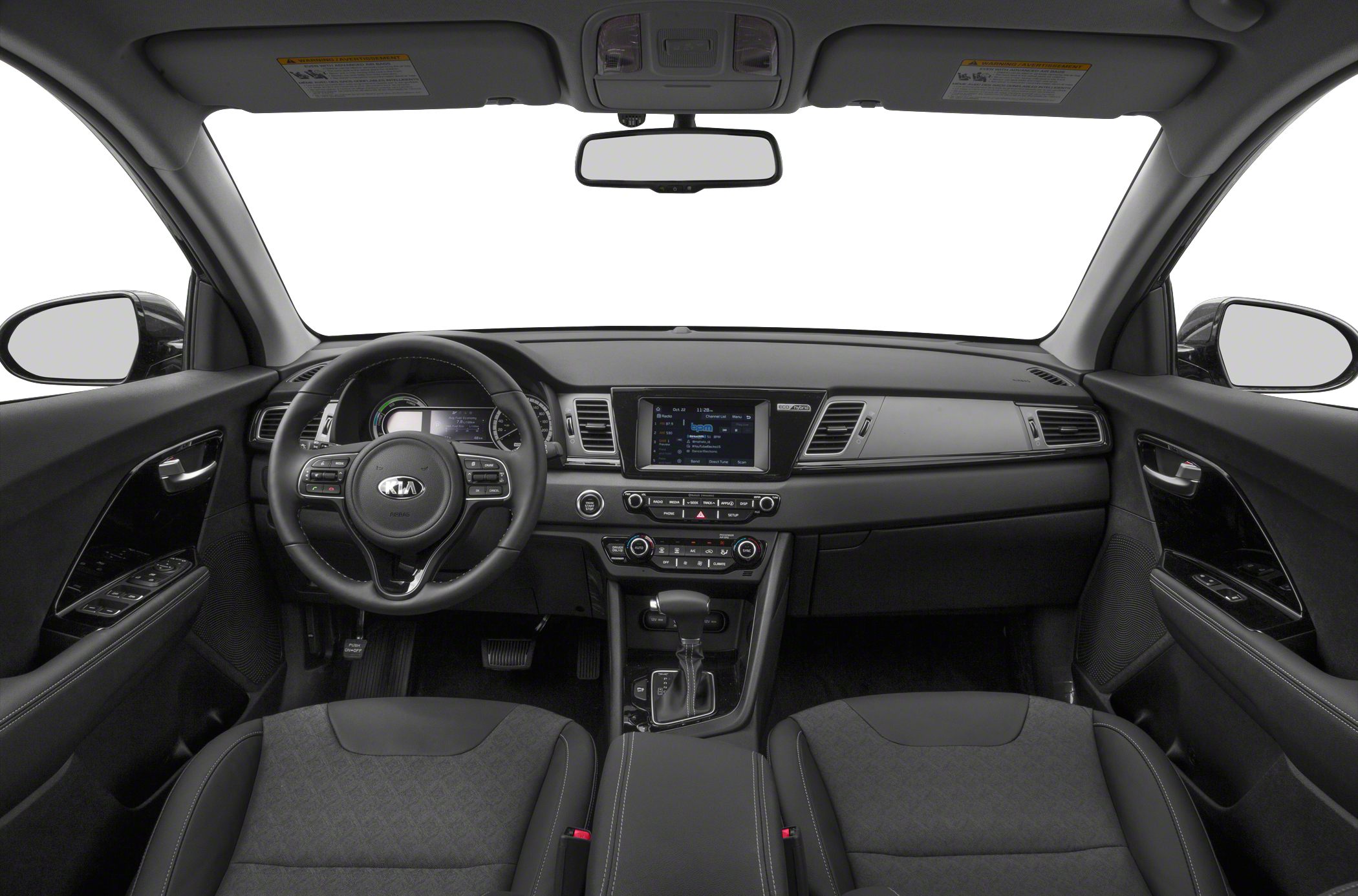Dashboard, steering wheel, and infotainment system view