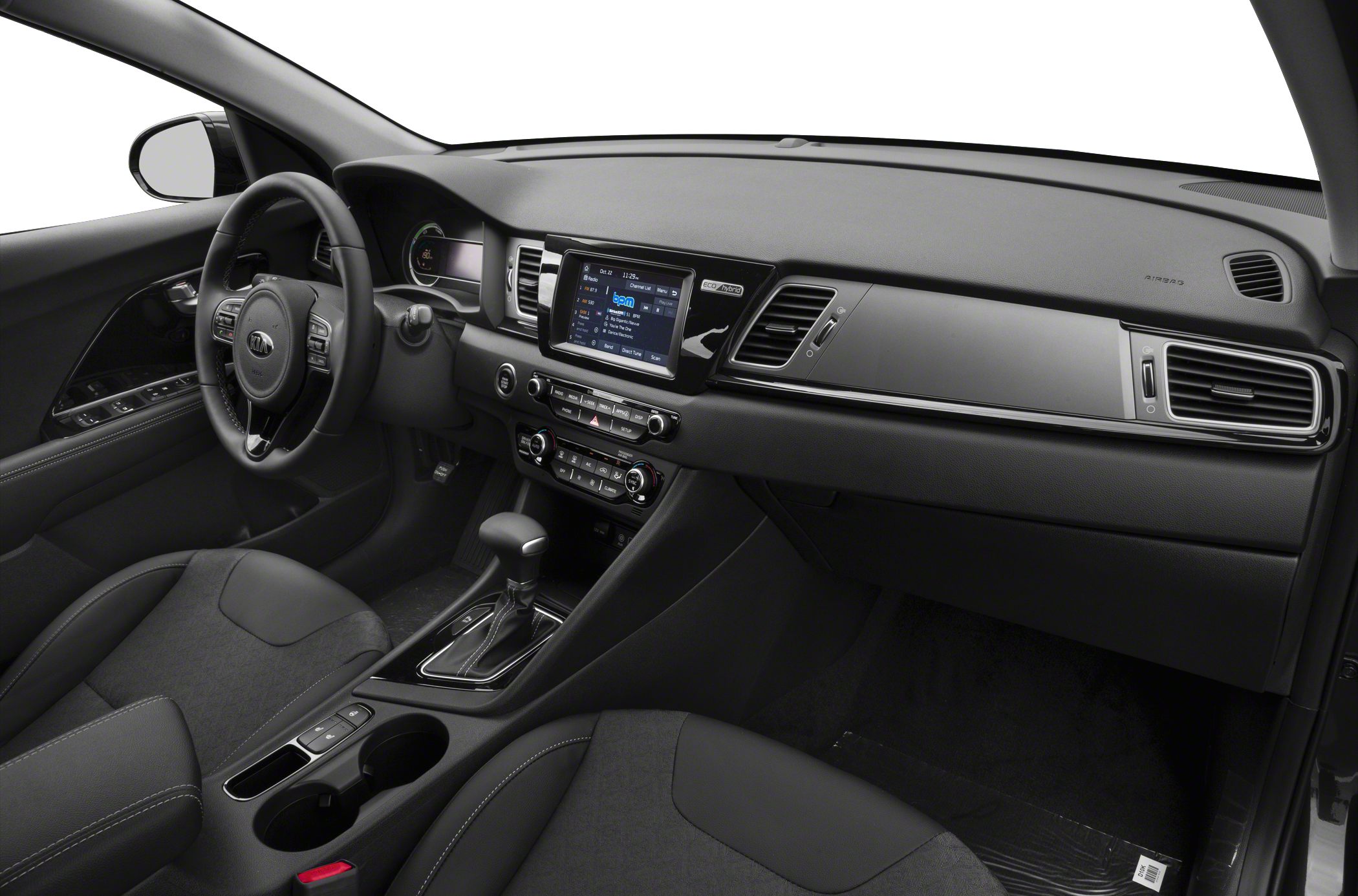 Dashboard with infotainment system and steering wheel with controls