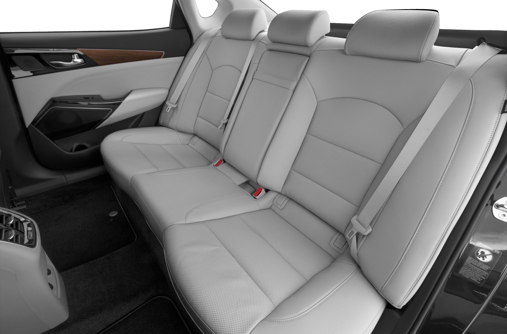 Leather rear seats with headrests, seatbelts, and door panel in a spacious interior.
