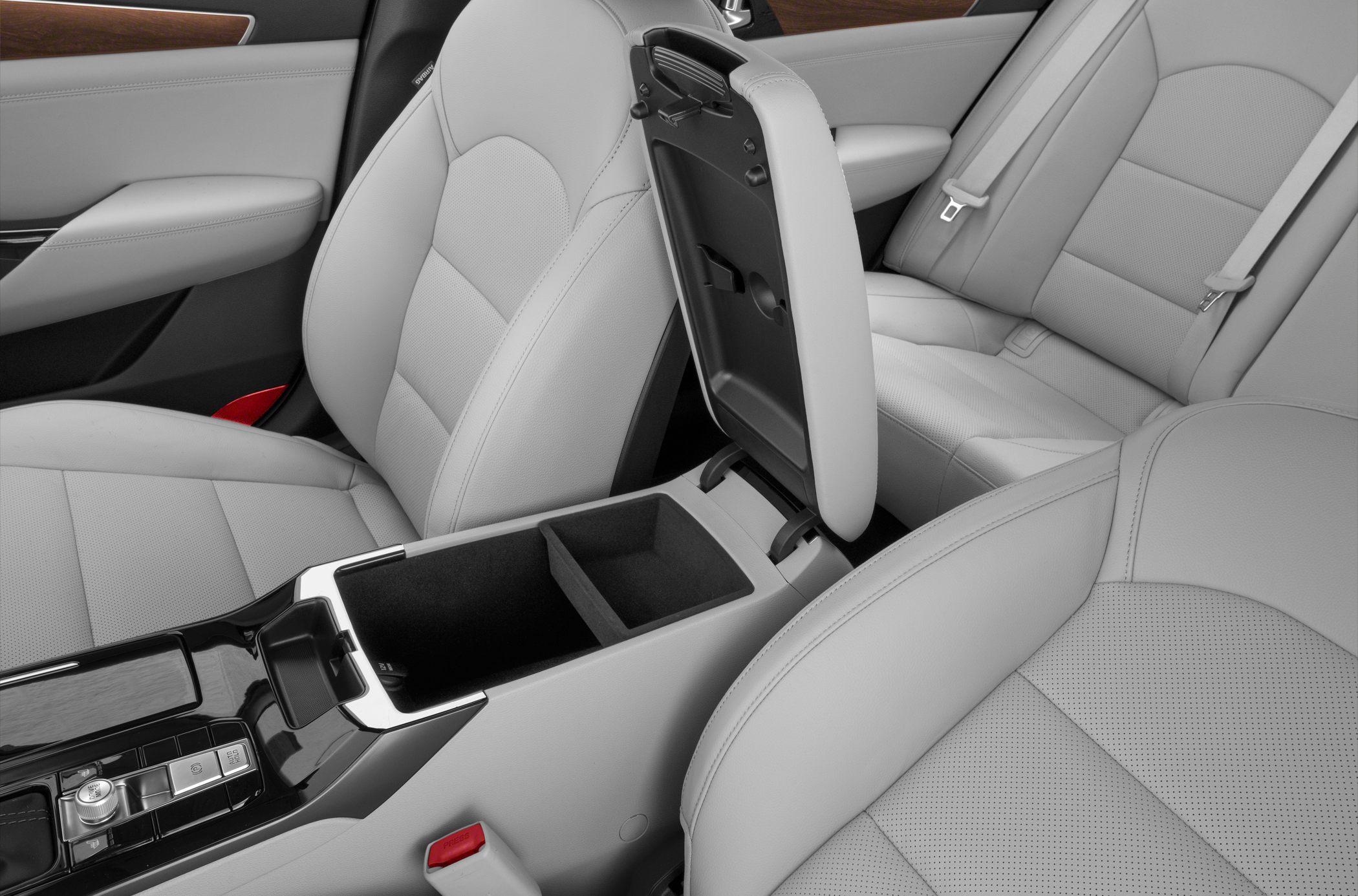 Center console with open storage compartment and premium leather seats