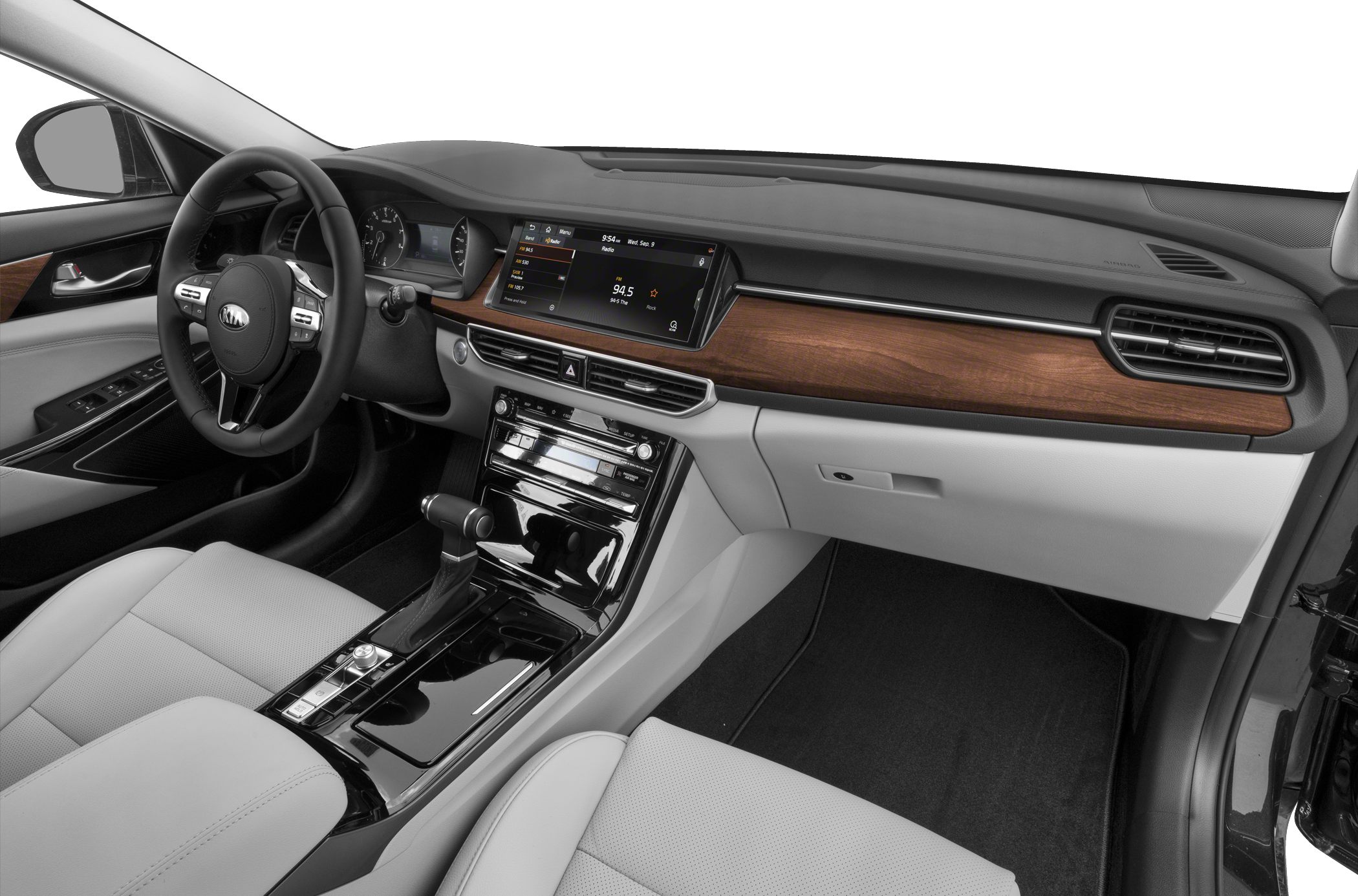 Wood trim interior with digital dashboard and center console gear shift