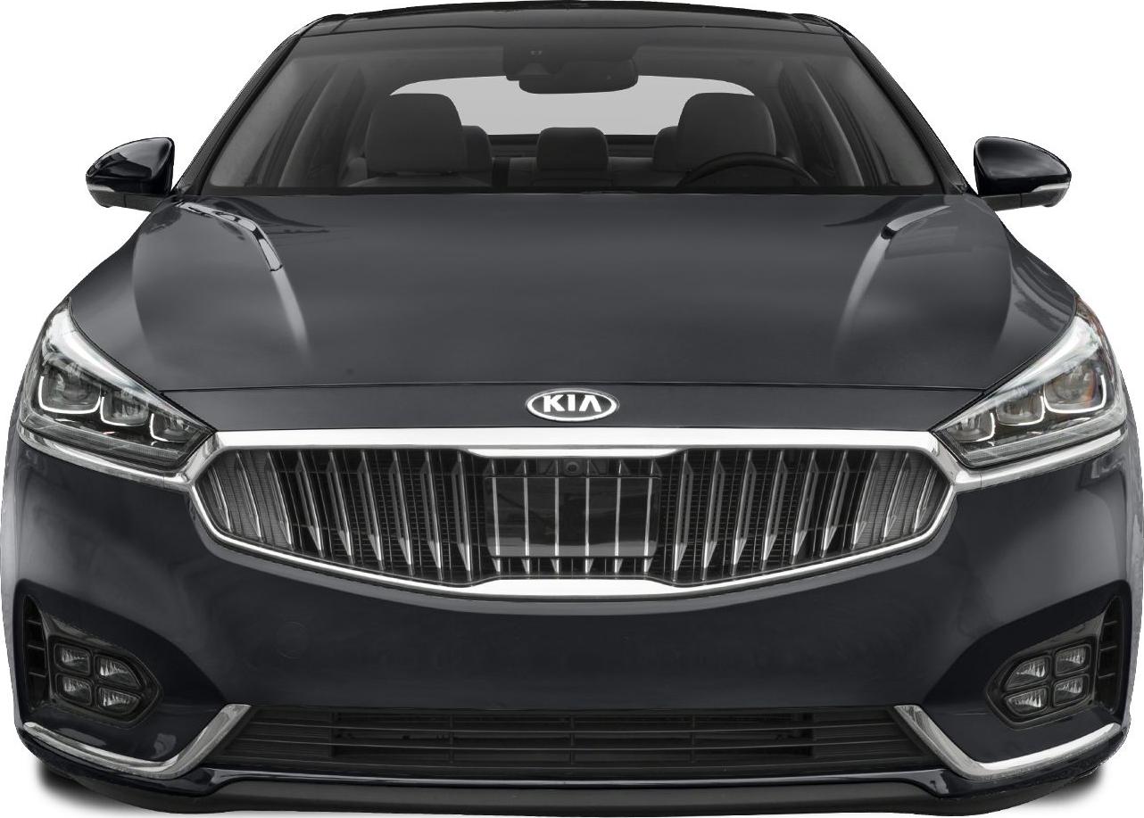 Car front view with vertical grille and LED headlights