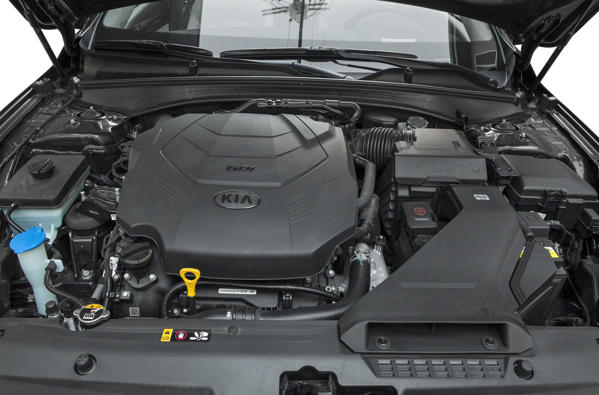 Engine bay with GDI engine cover and component layout