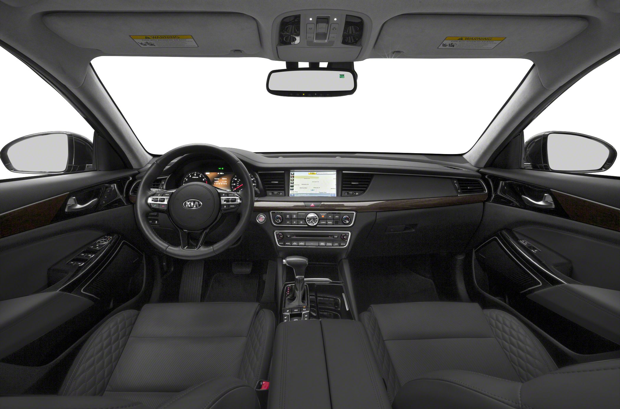 Interior with dashboard, steering wheel, infotainment, and leather seats