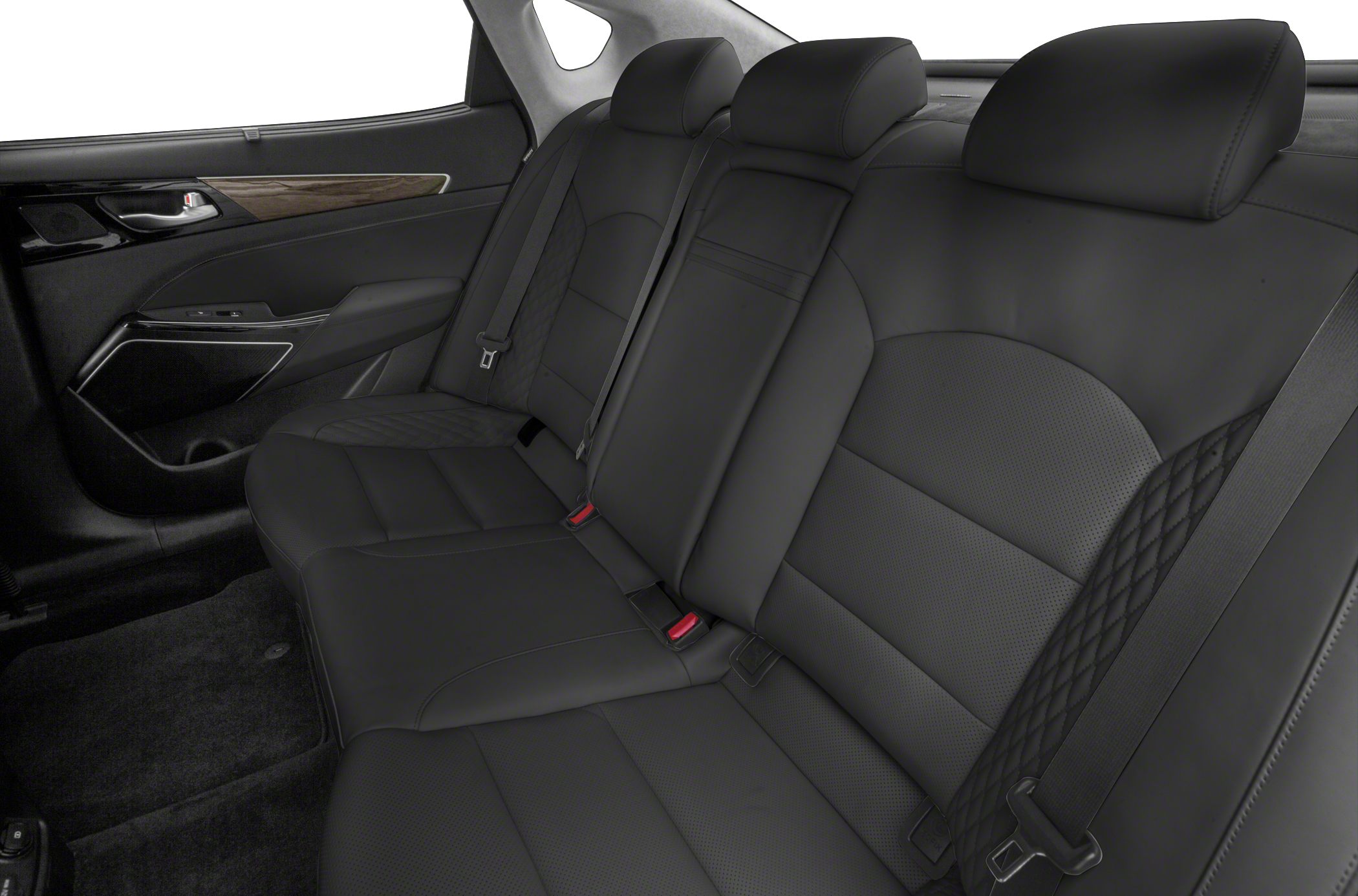 Black leather rear seats with quilted side bolsters and wood trim door panel