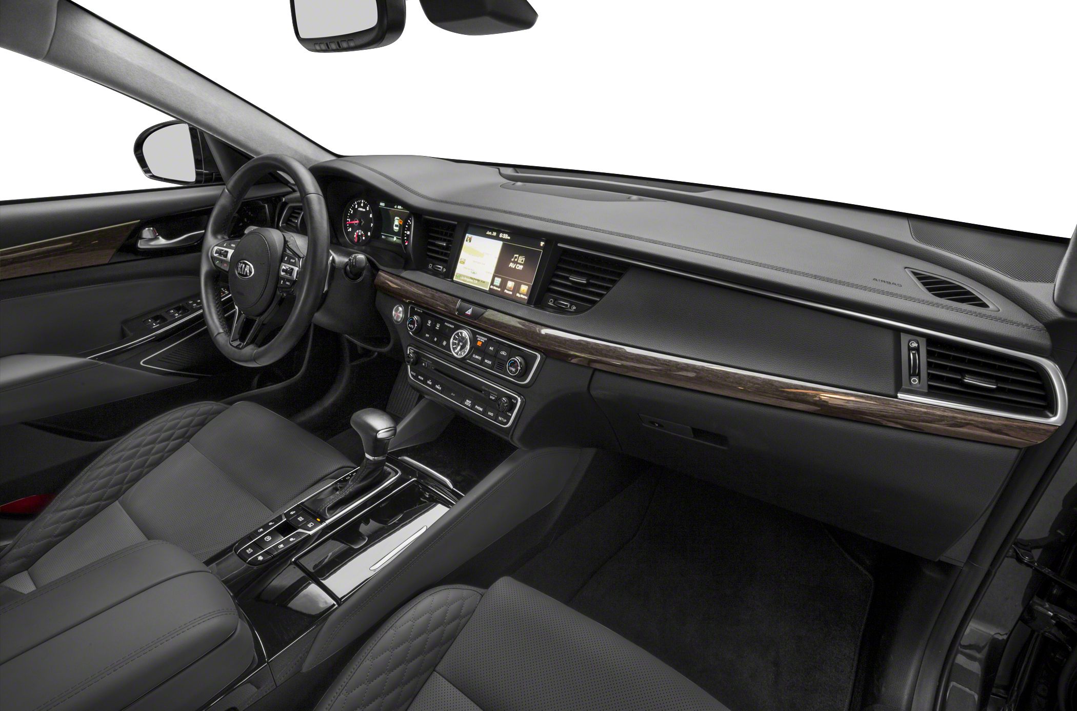 Interior dashboard with wood trim and center console with gear shift and controls