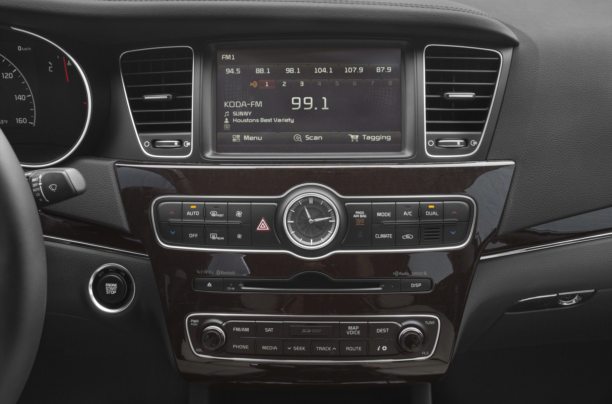 Luxury sedan dashboard with infotainment and climate control features