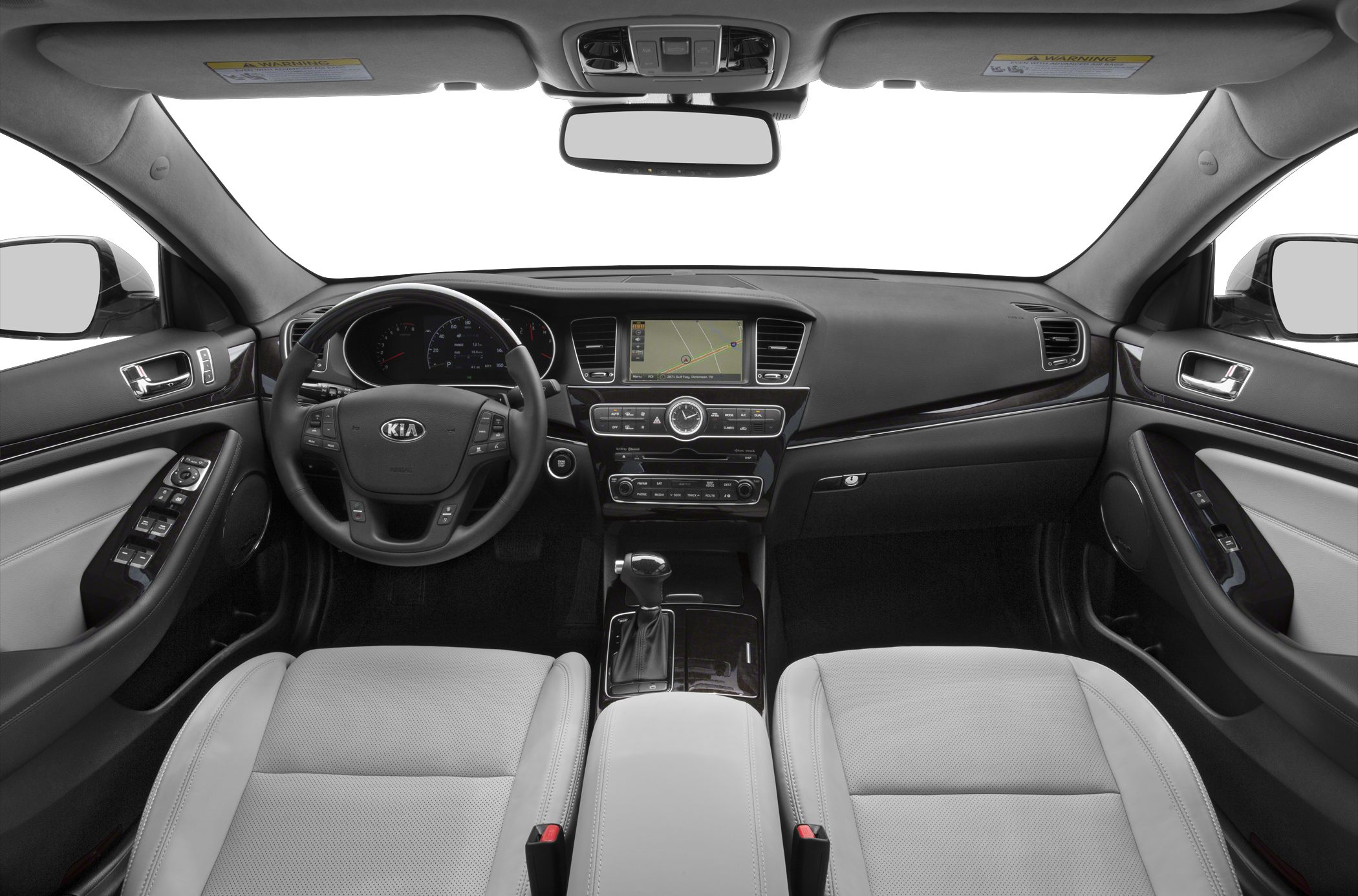 Luxury car interior with dashboard, steering wheel, and navigation system