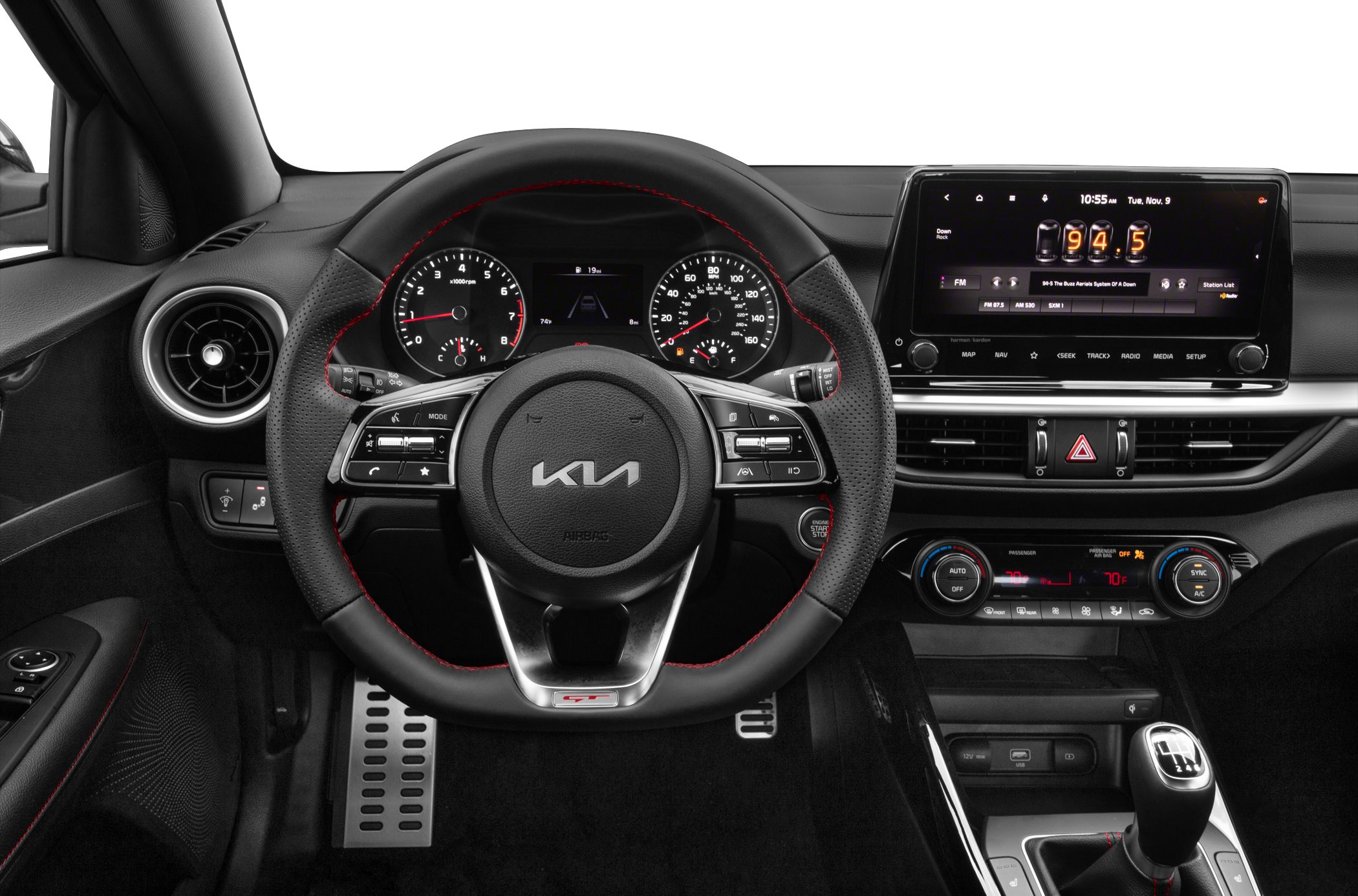 Interior dashboard, digital gauges, infotainment display, manual transmission gearshift