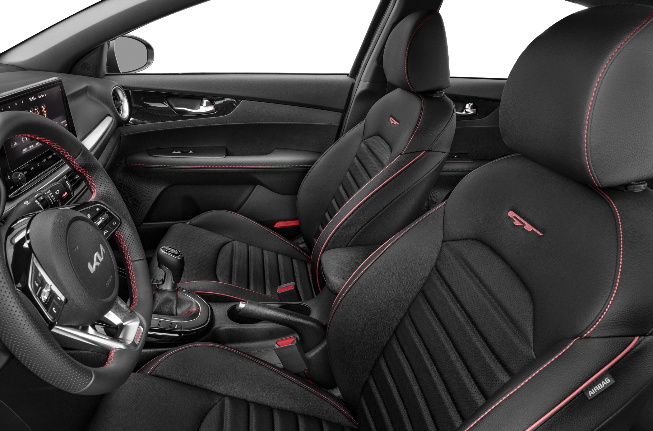 Sporty black leather seats with red stitching and GT logo, manual transmission interior