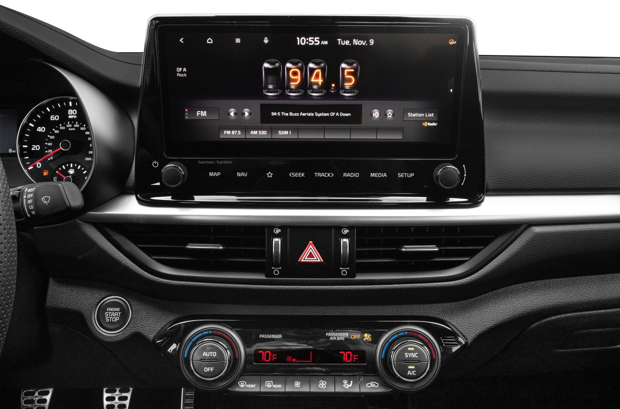 Touchscreen infotainment with digital climate control and engine start button