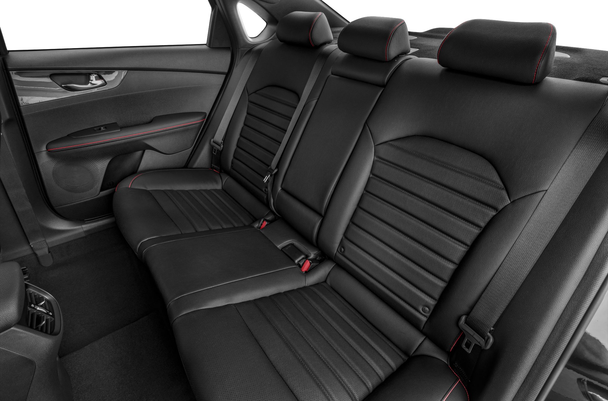 Black leather rear seats with red stitching and ergonomic design