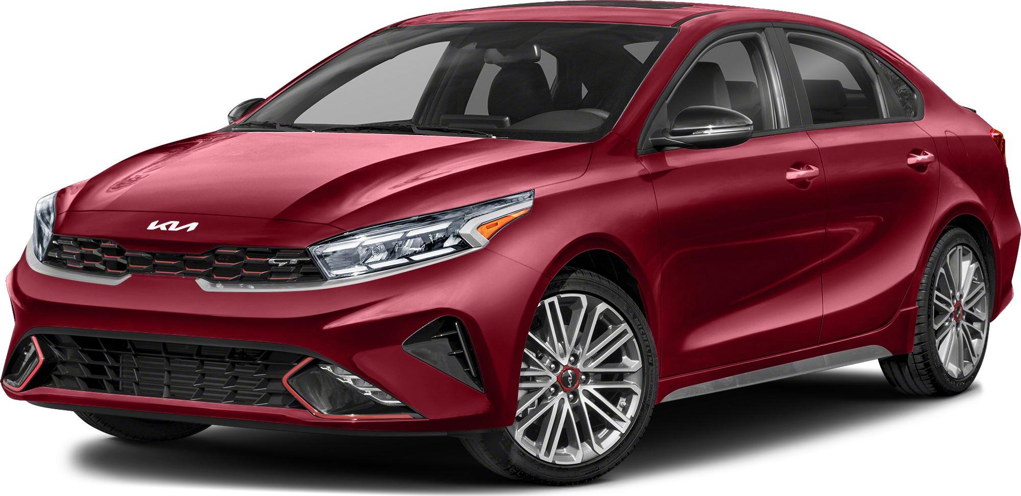Red modern sedan front-side view with sleek headlights and multi-spoke alloy wheels.
