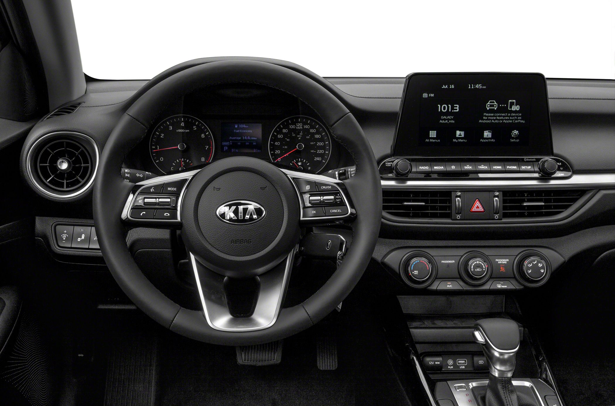 Steering wheel, instrument cluster, touchscreen dashboard, center console