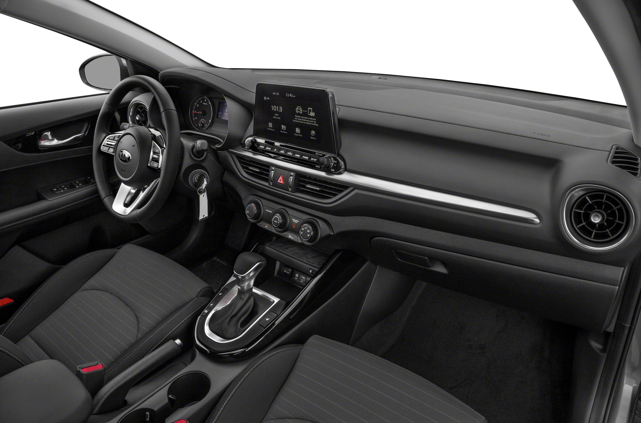 Modern car interior with touchscreen, dashboard, and center console