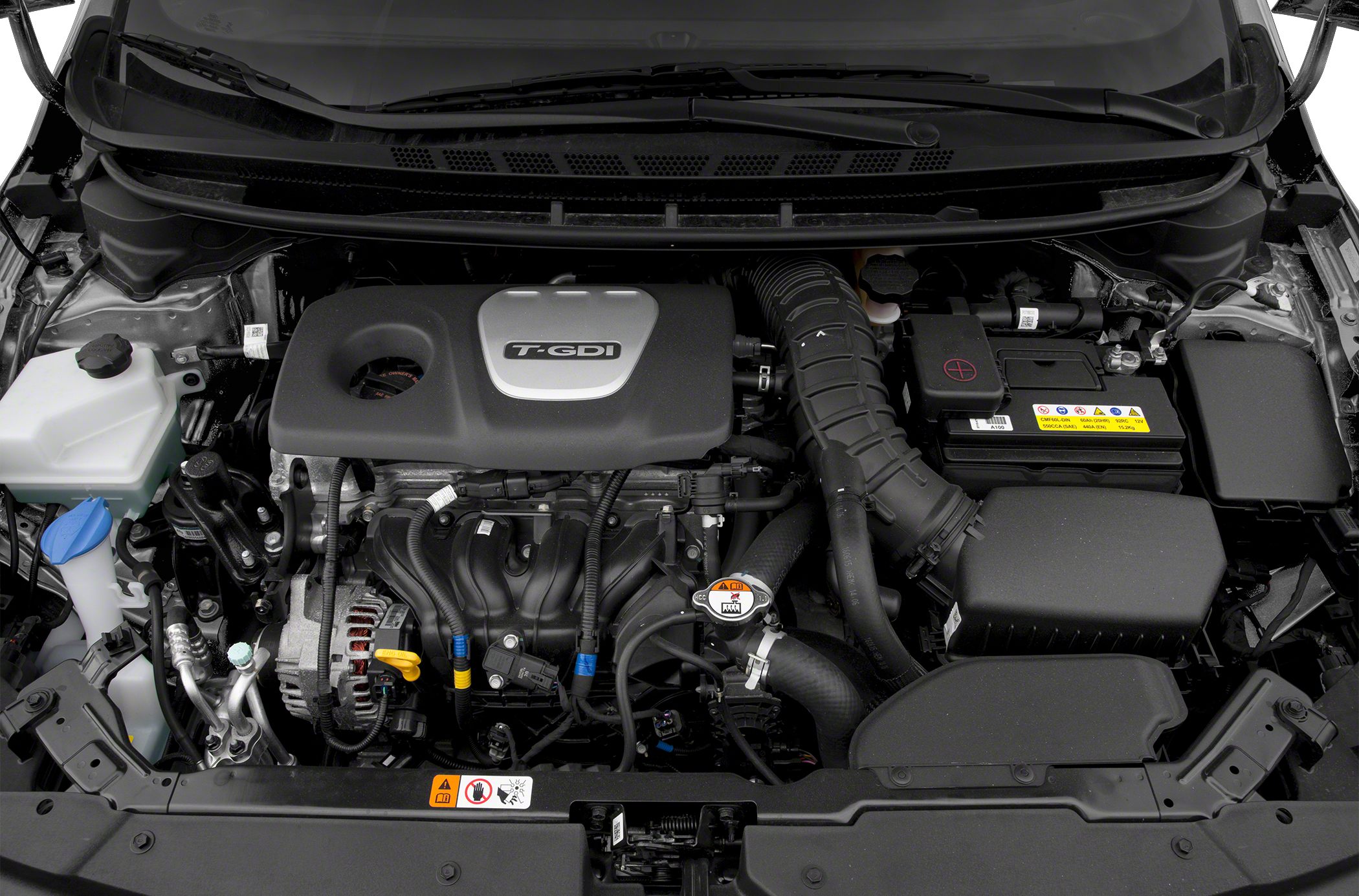 Turbocharged T-GDI engine bay with visible components and hoses