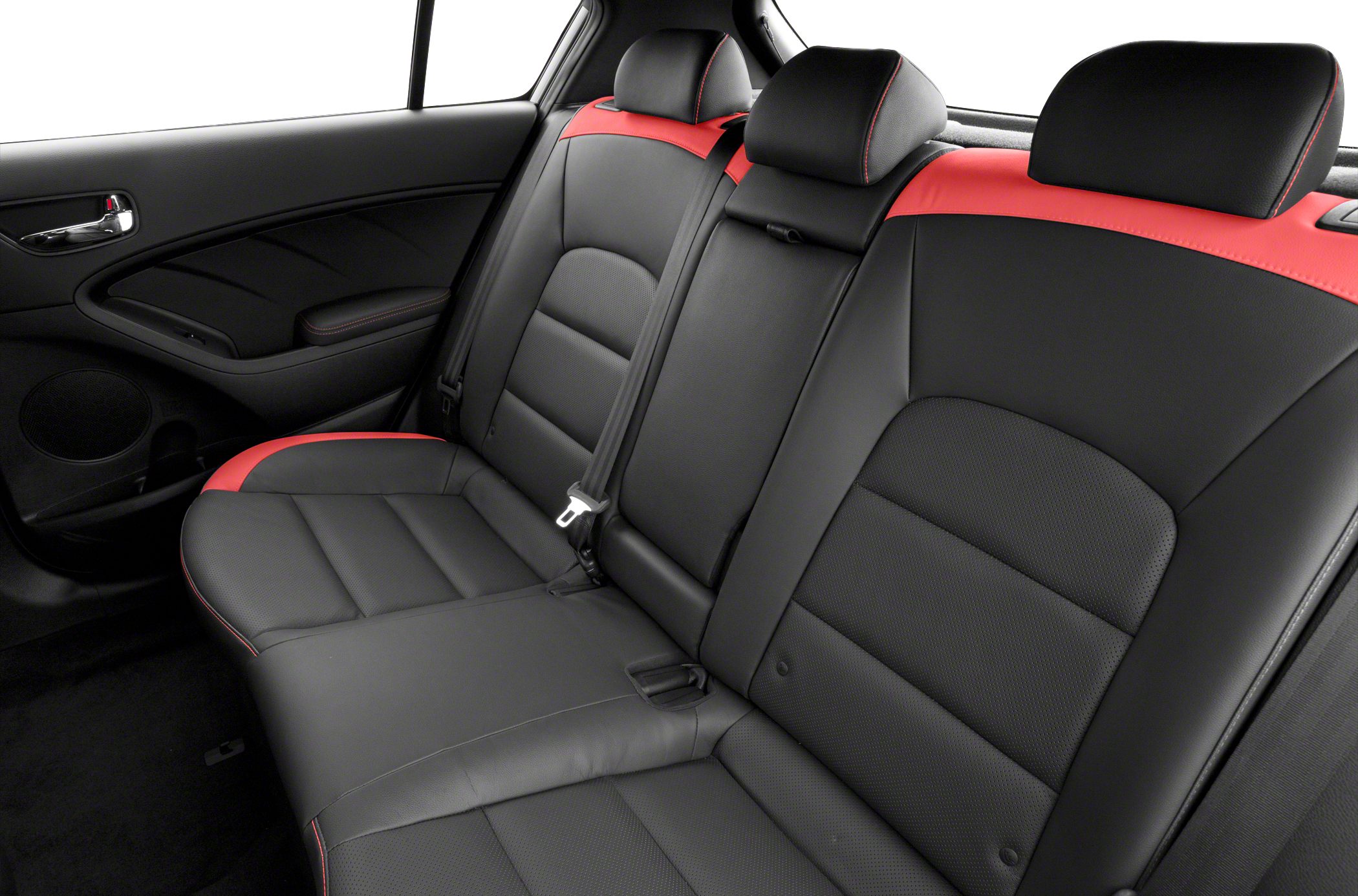 Black and red leather rear seats with detailed stitching and headrests