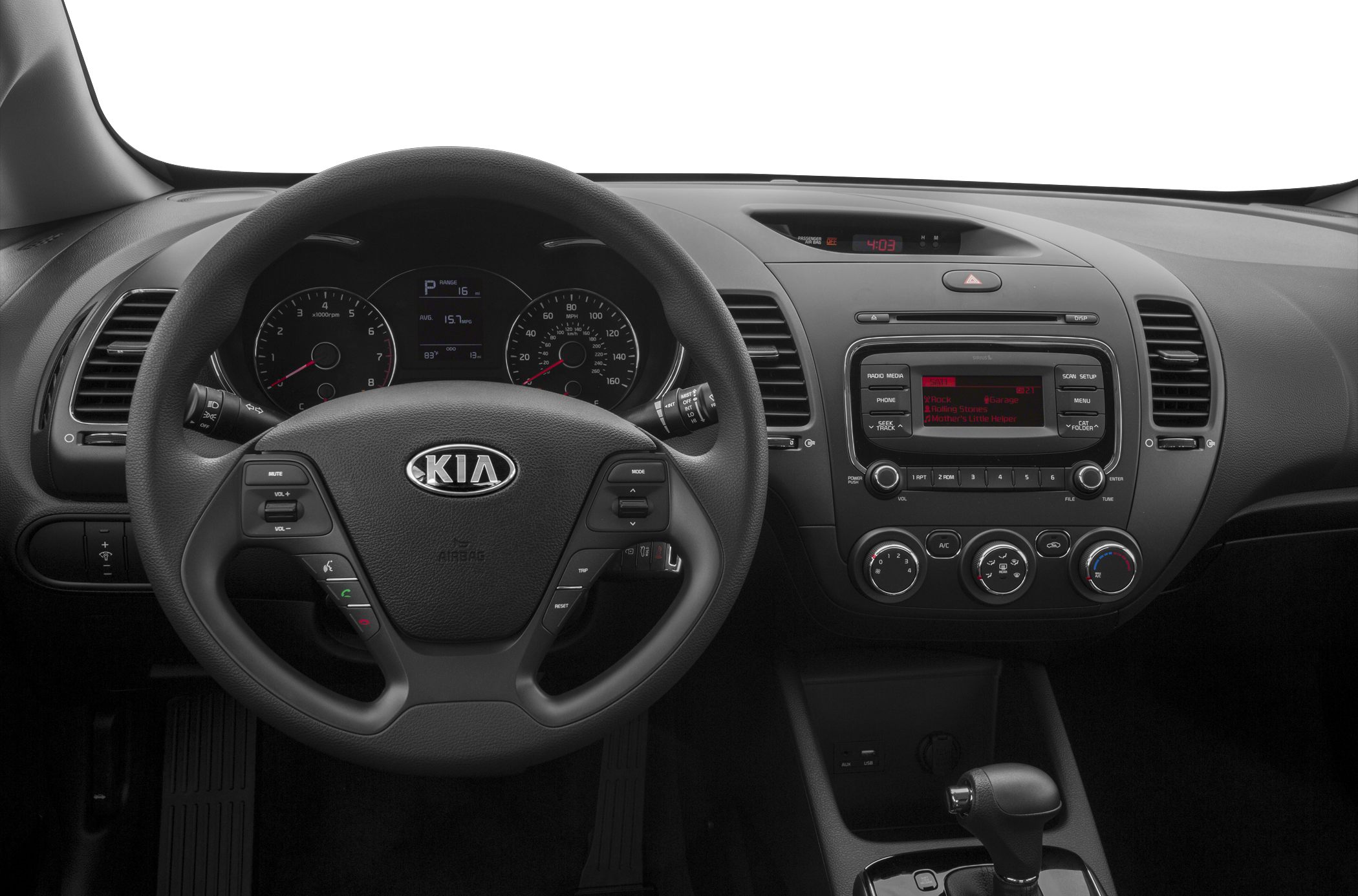 Steering wheel with controls and dashboard with infotainment system and climate control