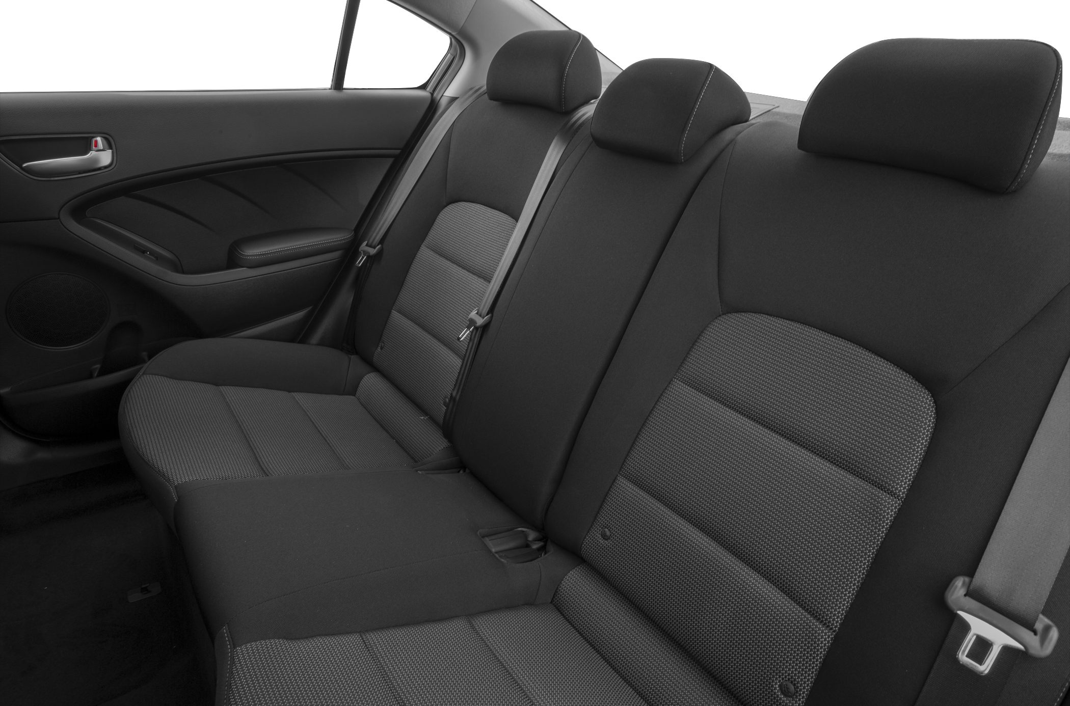 Rear seat interior with fabric upholstery and door panel