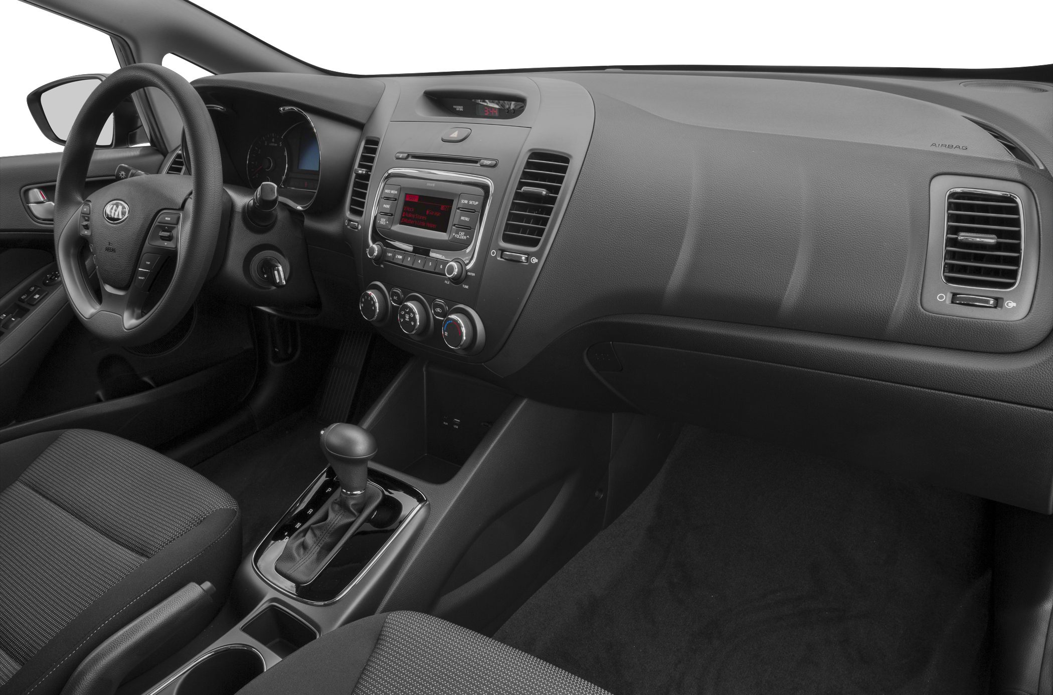 Dashboard, steering wheel, center console with gear shifter