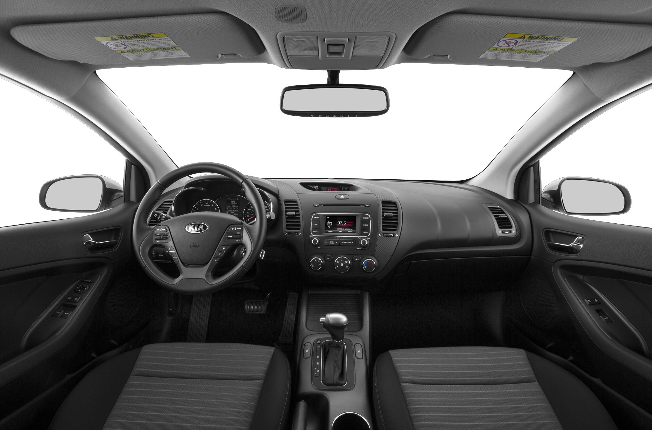 Dashboard, steering wheel with controls, gear shifter, two front seats