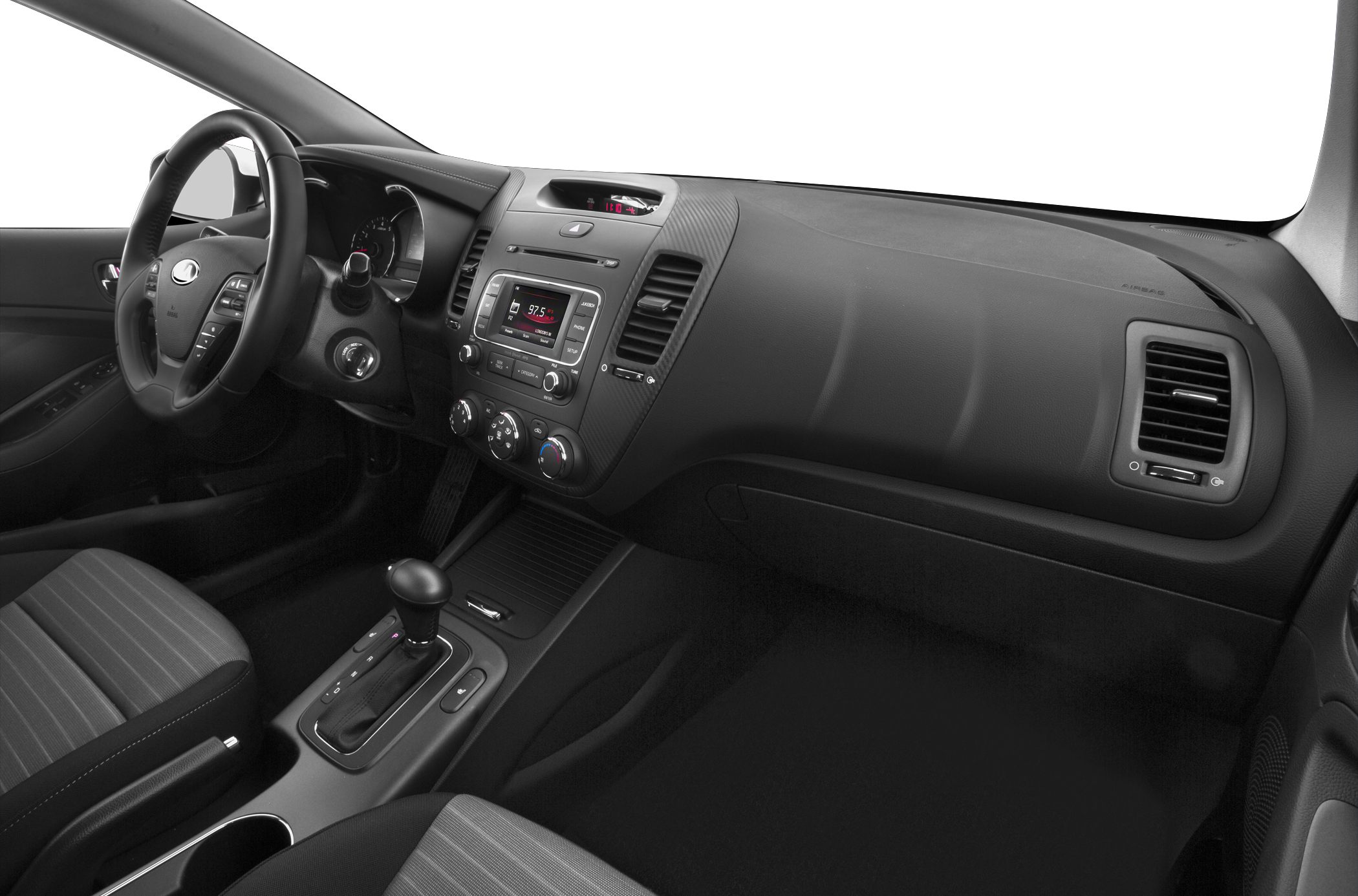 Dashboard, steering wheel, center console with infotainment and controls