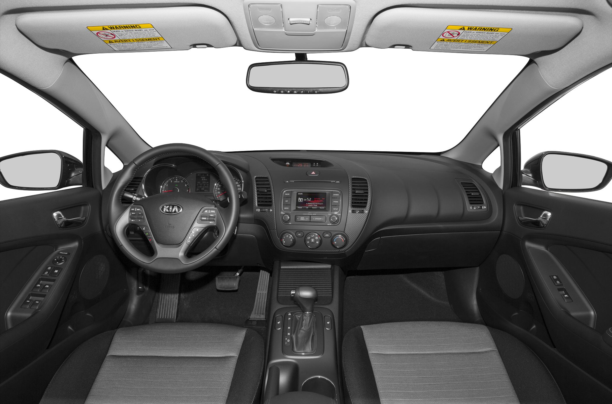 Dashboard, steering wheel with controls, center console with gear shift