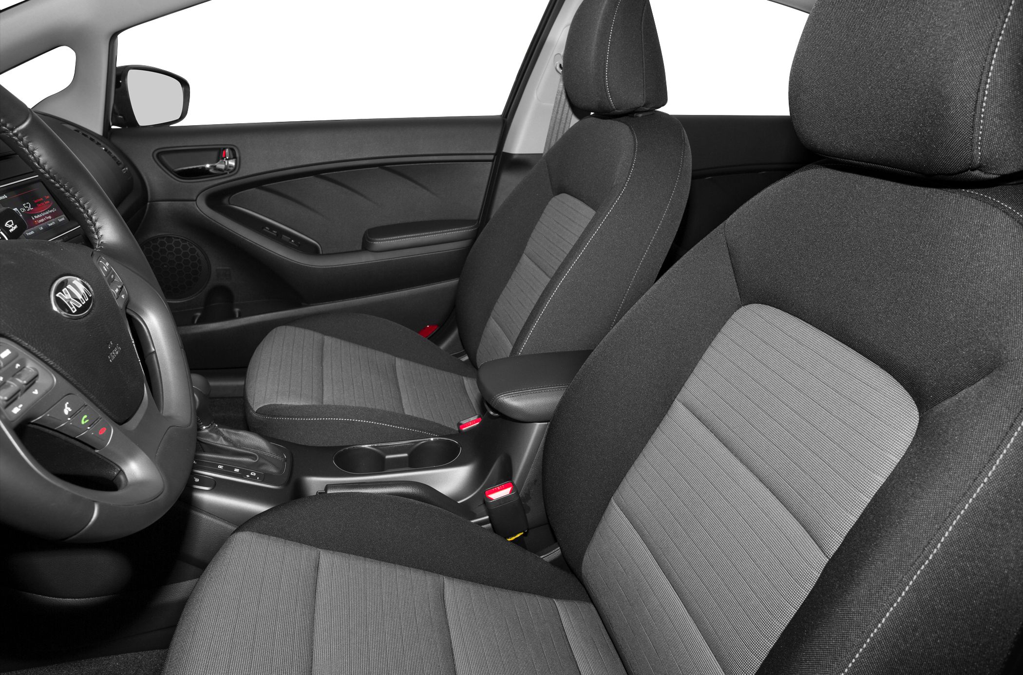 Fabric front seats and steering wheel with center console