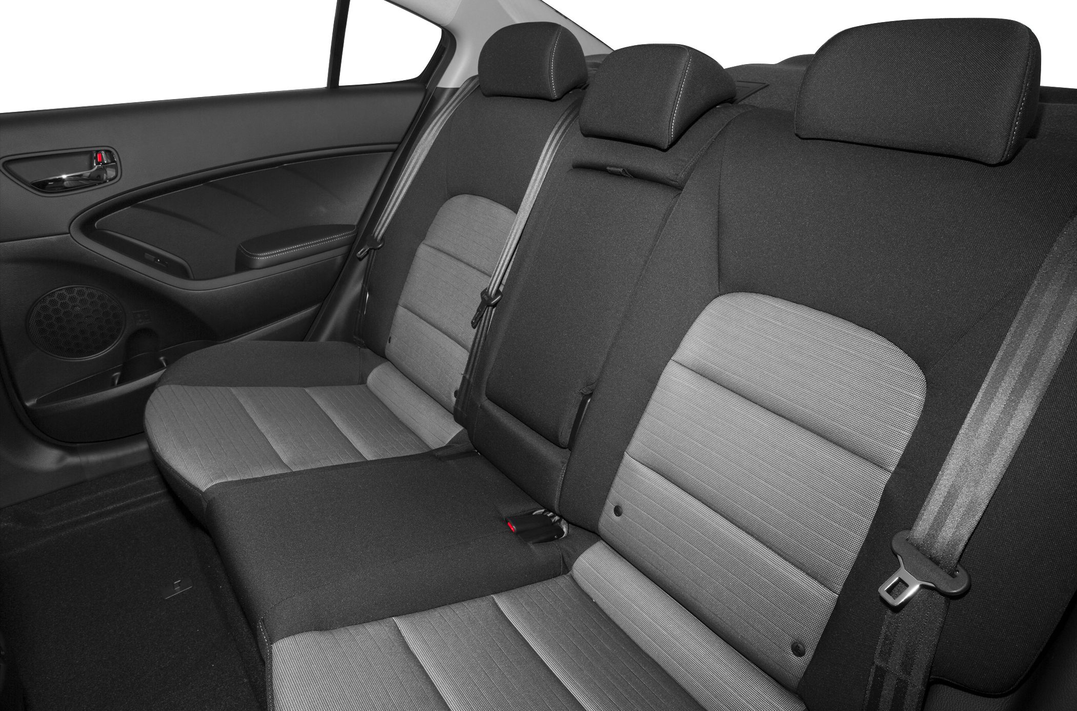 Rear seats with fabric upholstery, headrests, and seat belts