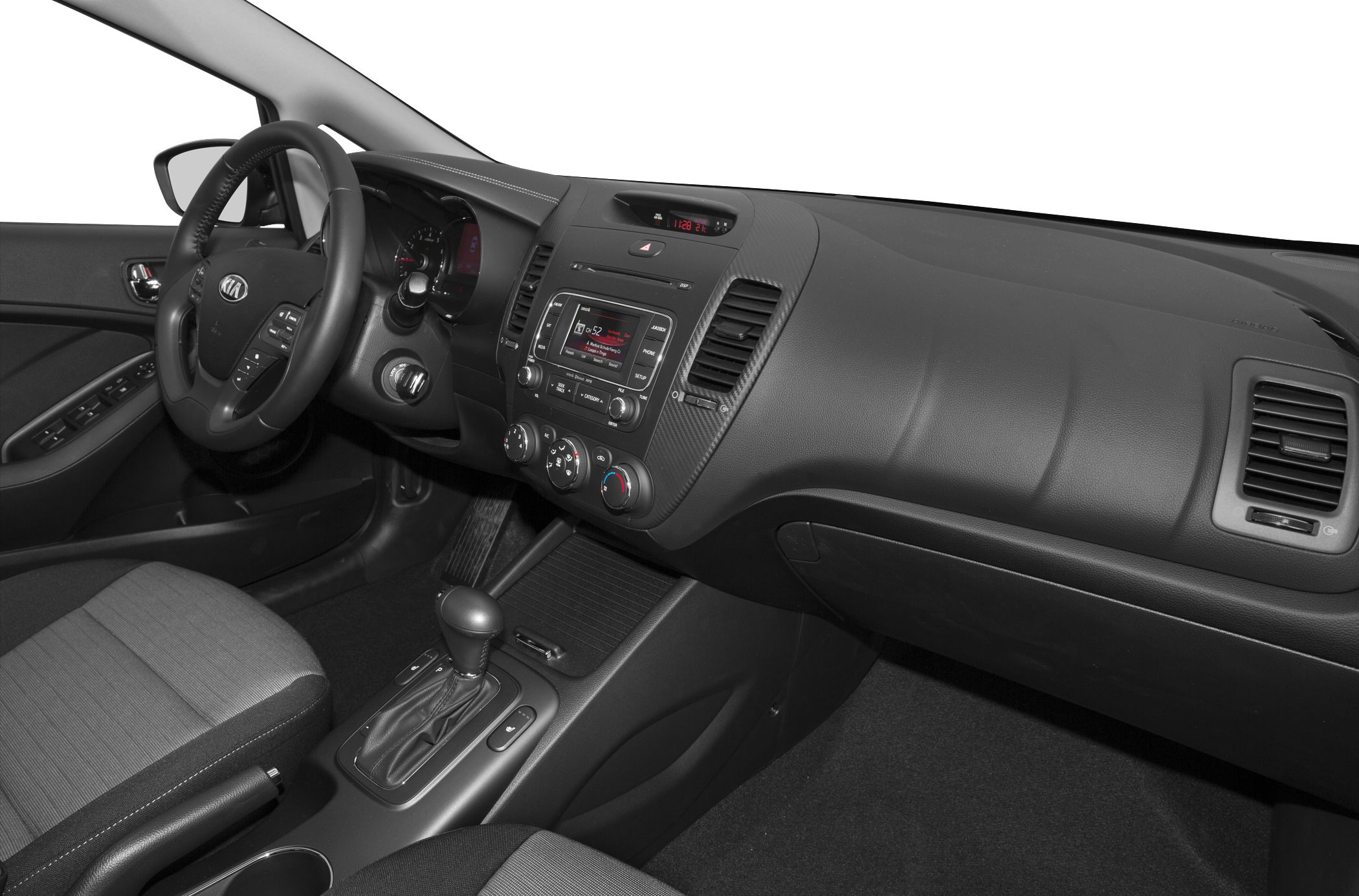 Dashboard and control layout with steering wheel and gear shift
