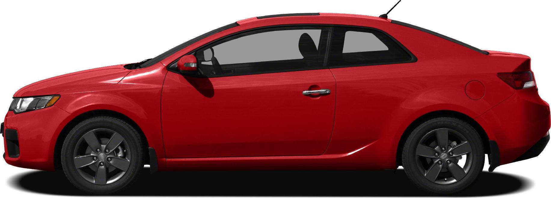 Red coupe side view with sporty alloy wheels and sleek two-door design