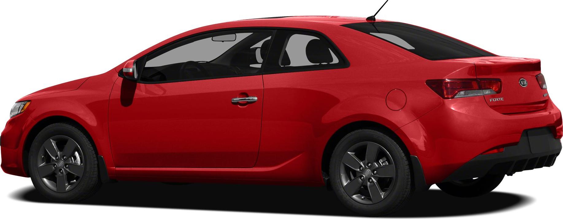Side view of a red sporty 2-door coupe with alloy wheels and rear spoiler