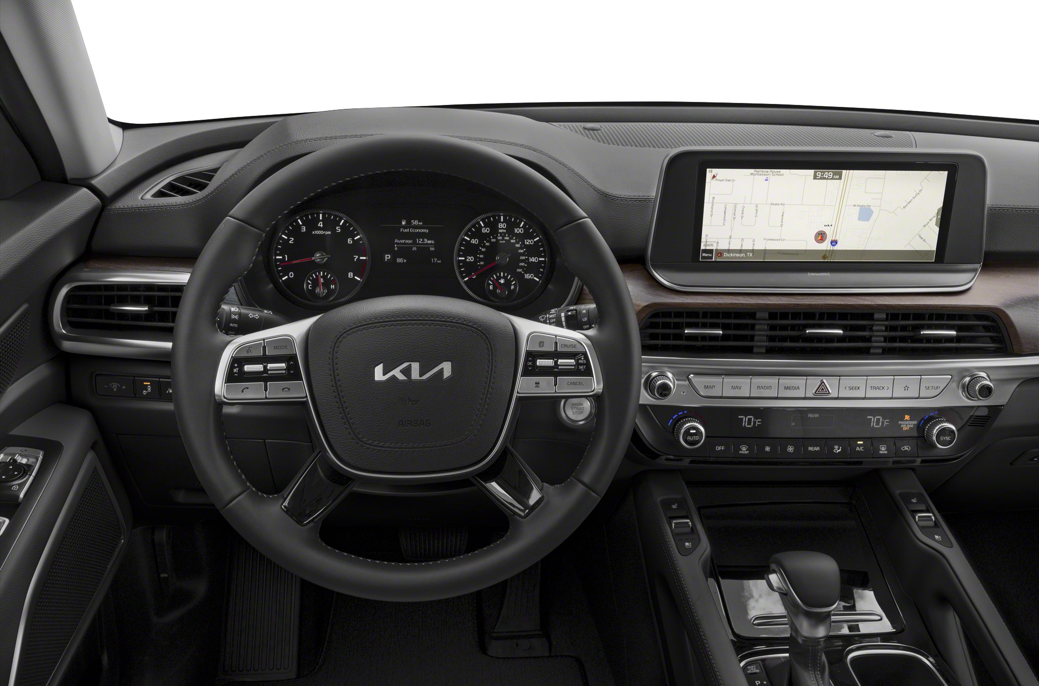 Modern steering wheel with digital instrument cluster and central navigation display