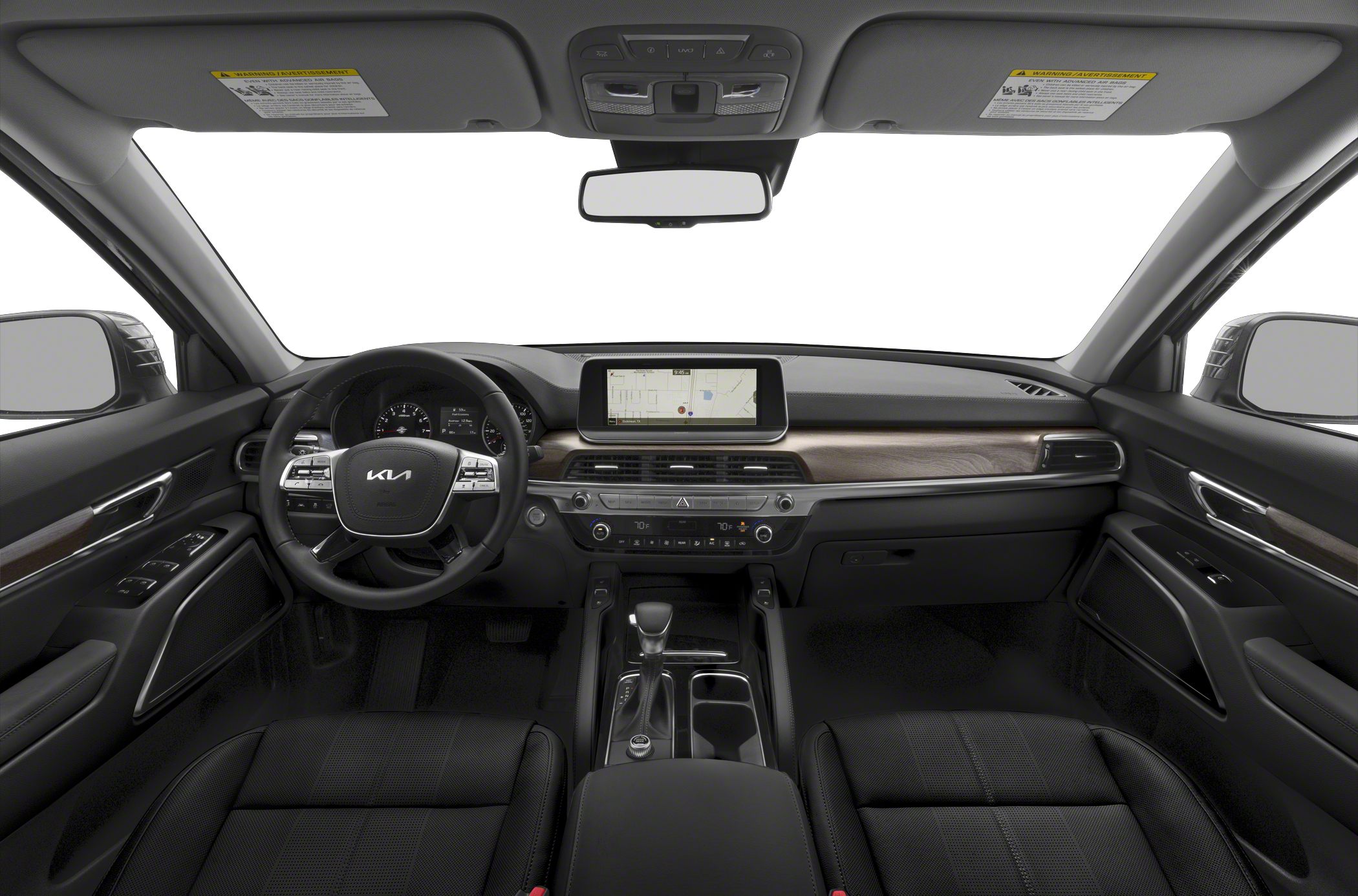 Interior view of dashboard and steering wheel with touchscreen display
