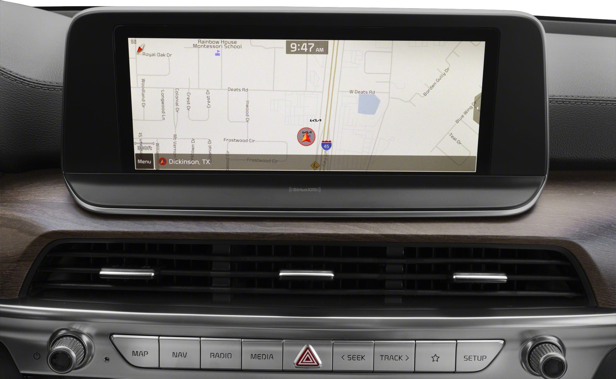 Car navigation screen with dashboard media and control buttons