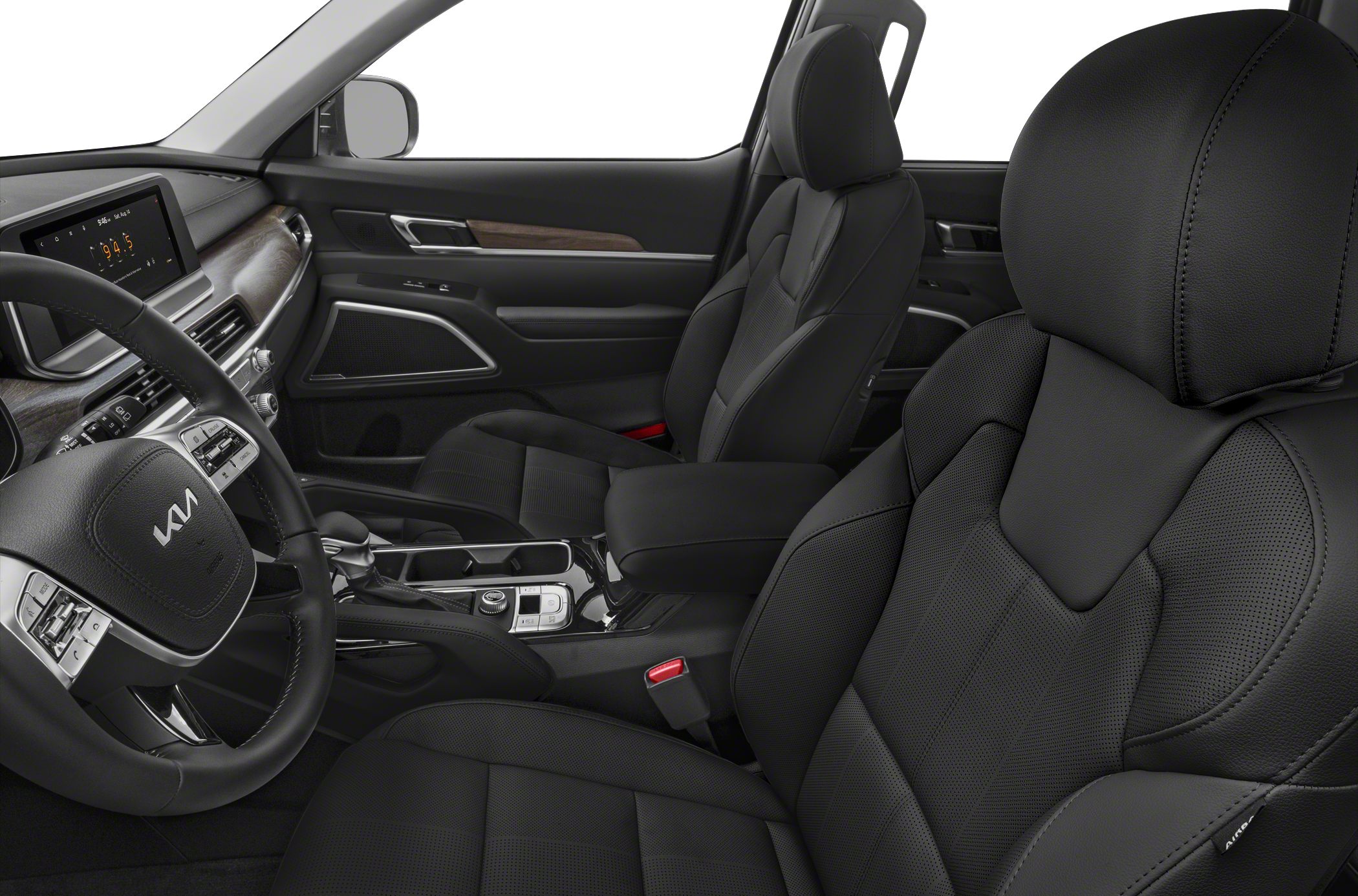 Black leather seats and modern dashboard with touchscreen display