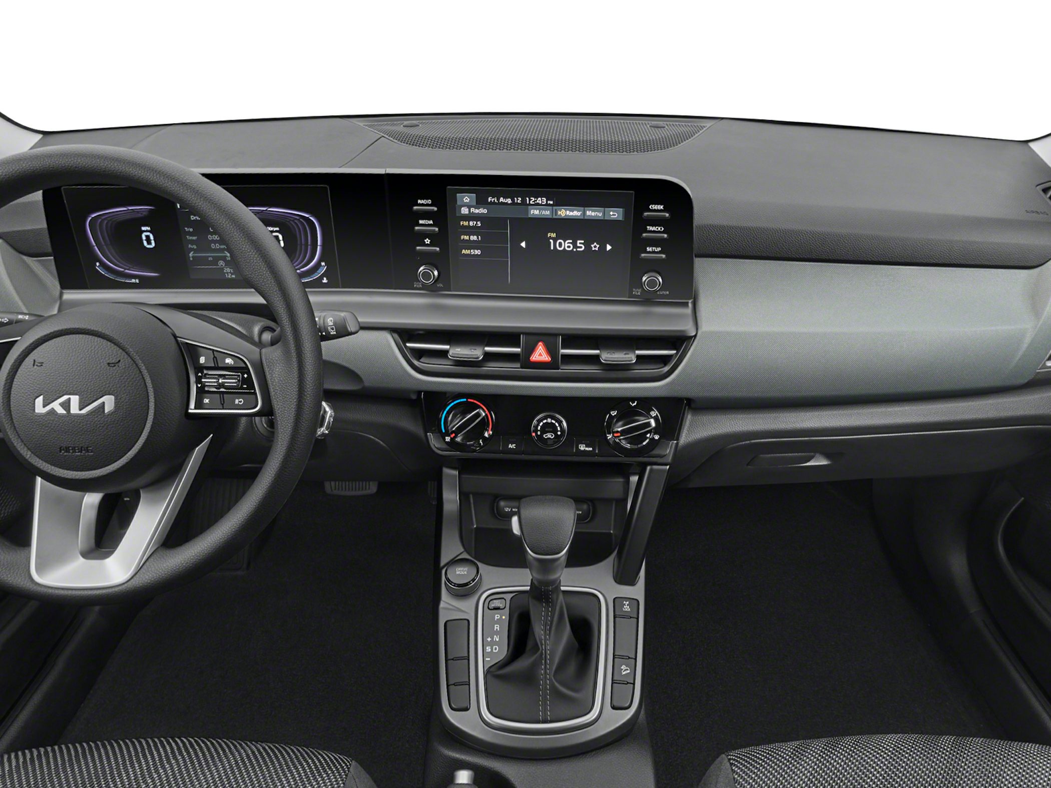 Digital instrument cluster and touchscreen infotainment with center console and gear shift