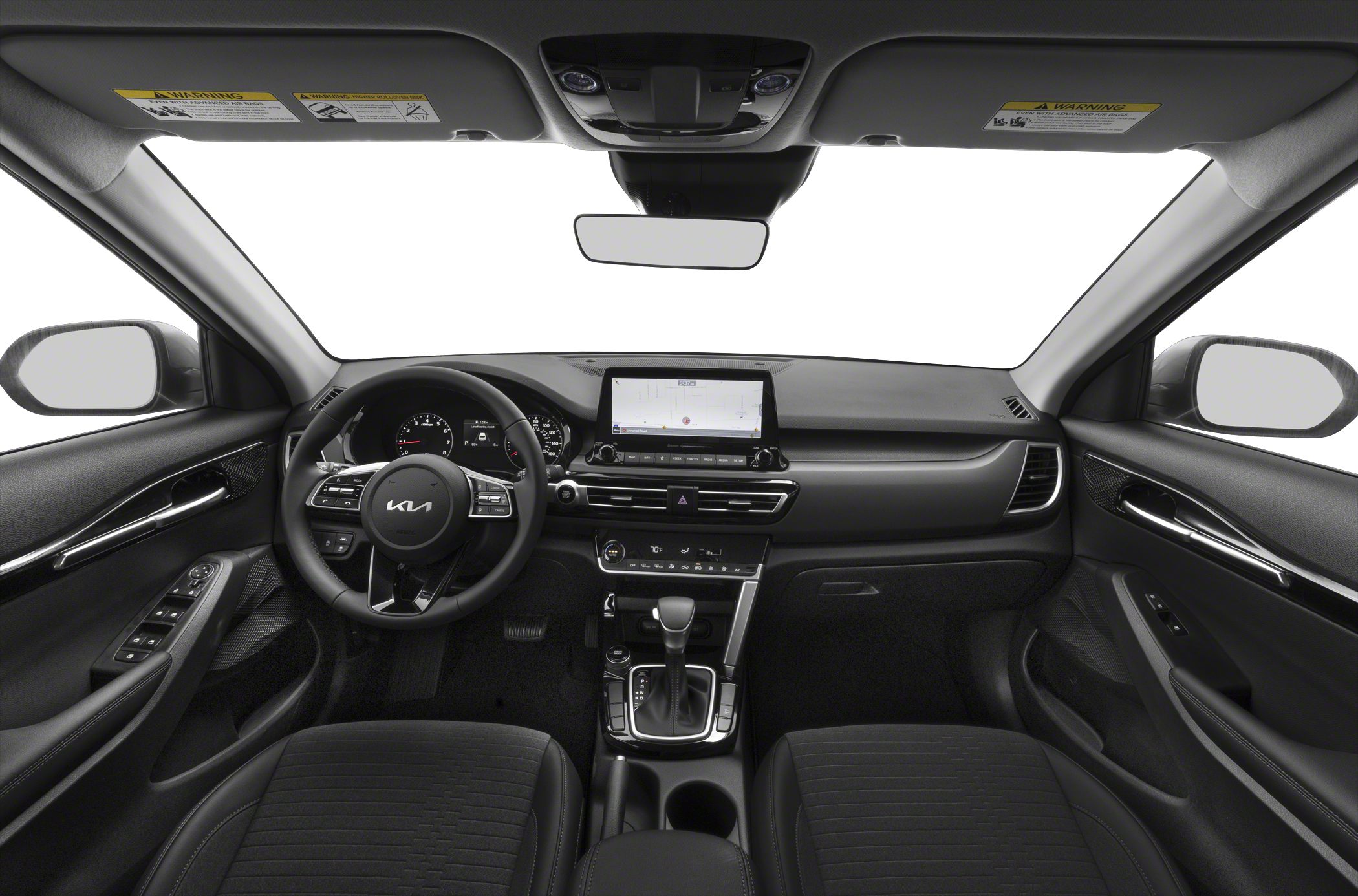 Car interior with dashboard, touchscreen display, and multifunction steering wheel