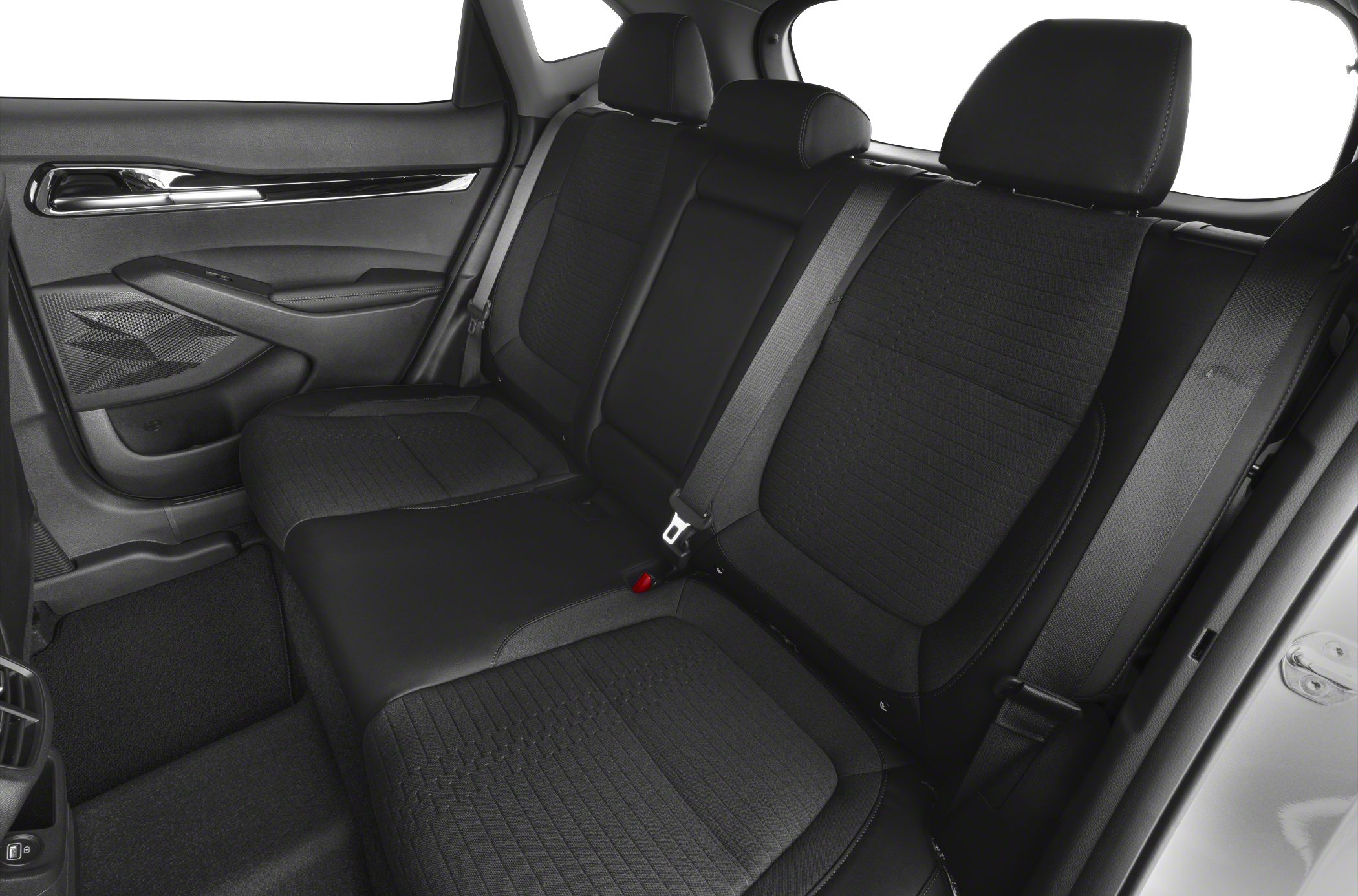 Rear seat fabric upholstery with integrated headrests and seatbelts