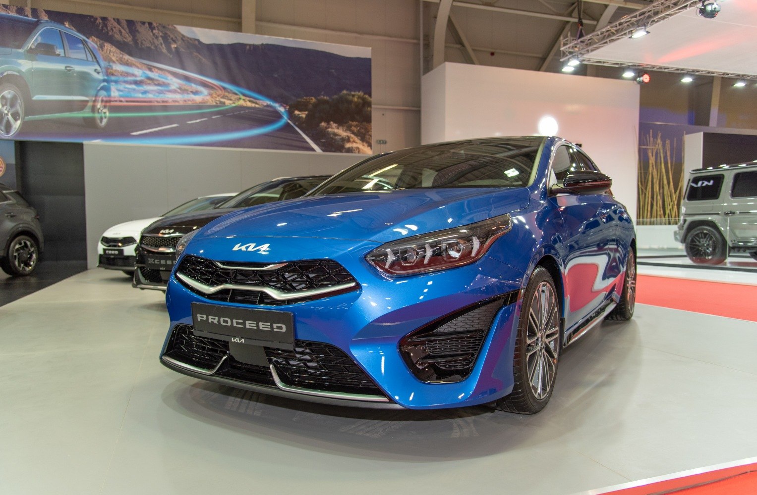 Sporty front grille and headlights with blue paint finish