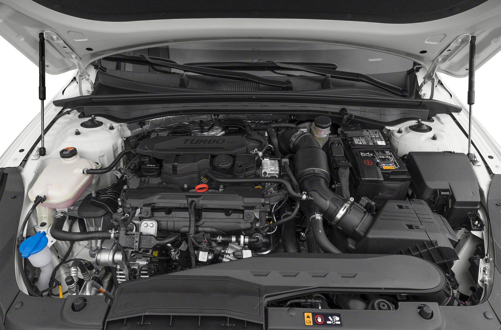 Turbocharged GDI engine with visible intake and battery components