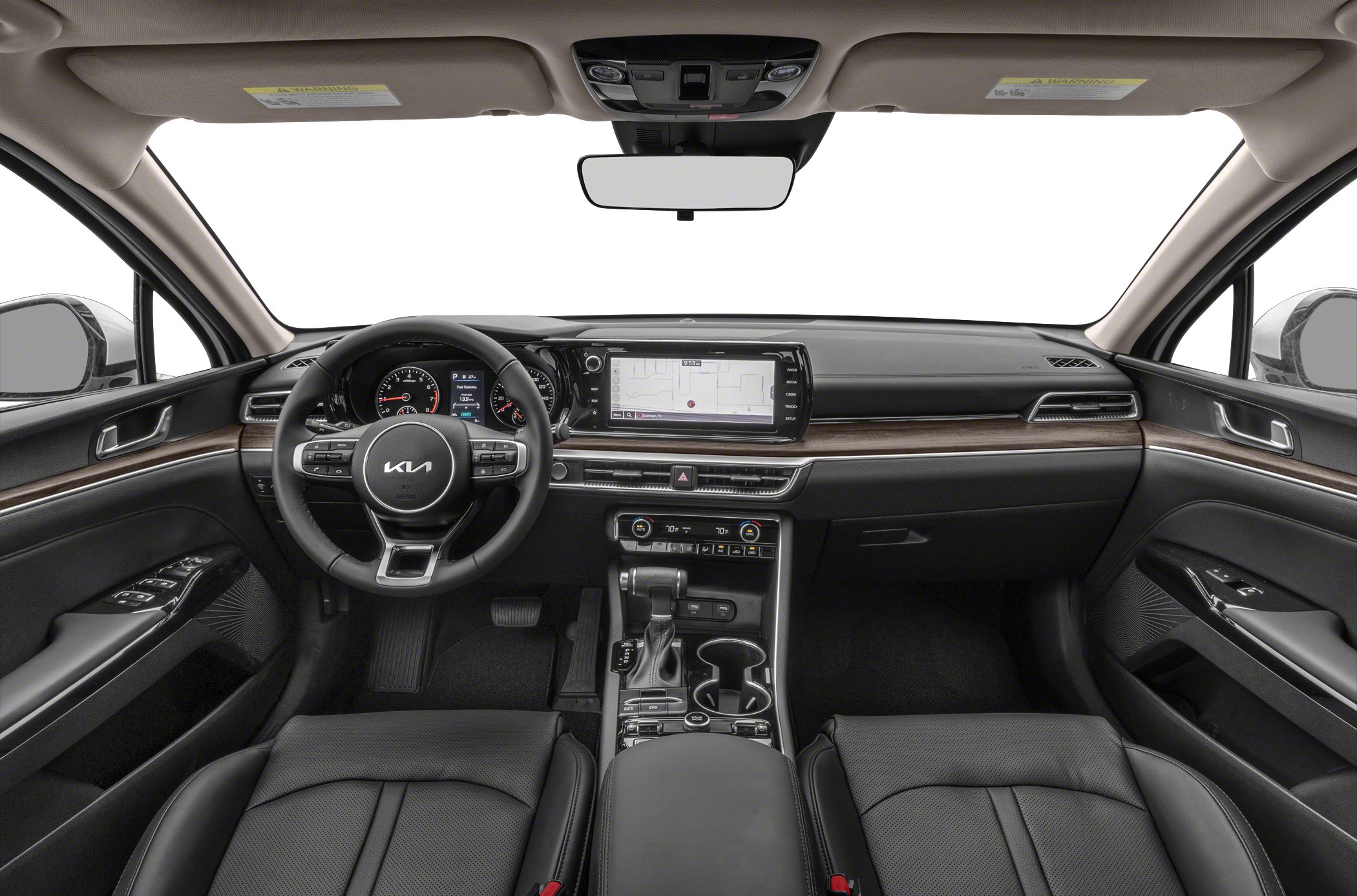 Modern dashboard with wood trim and digital infotainment