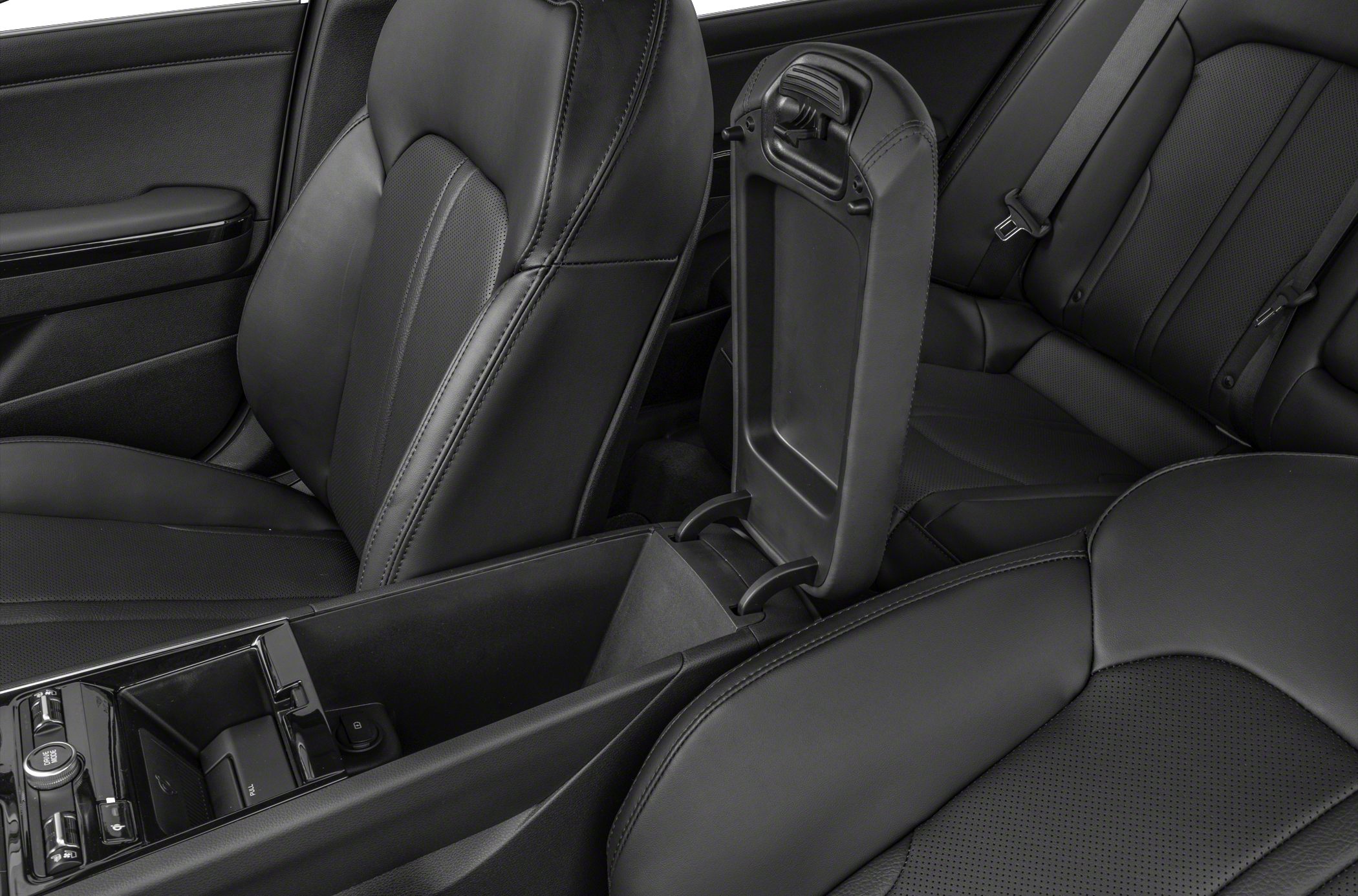Black leather seats with open center console storage