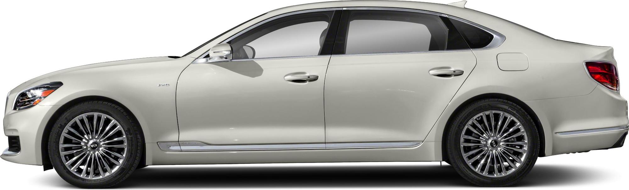 Luxury sedan side profile with multi-spoke wheels and chrome trim