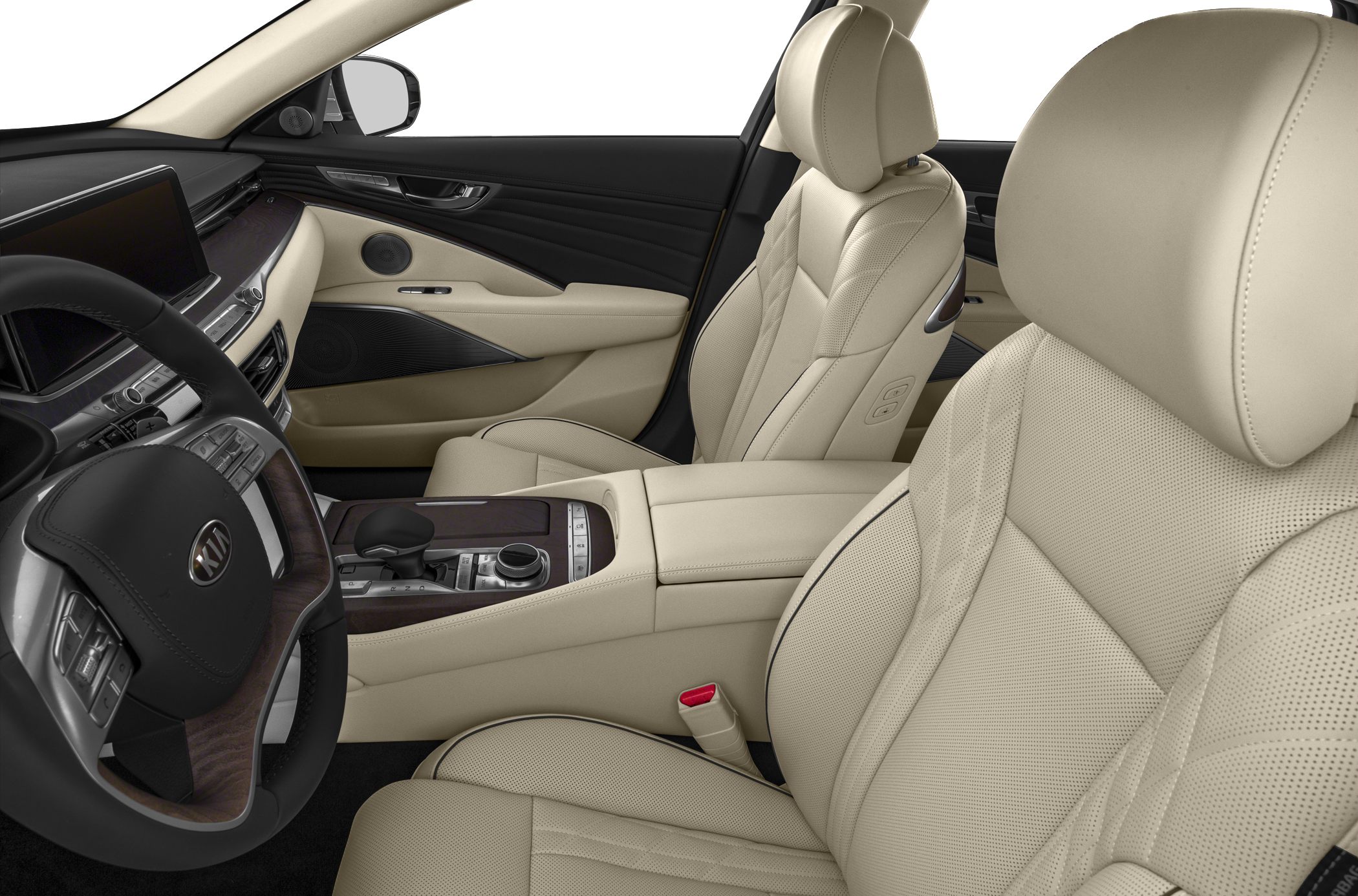 Beige perforated leather seats with wood trim dashboard and center console