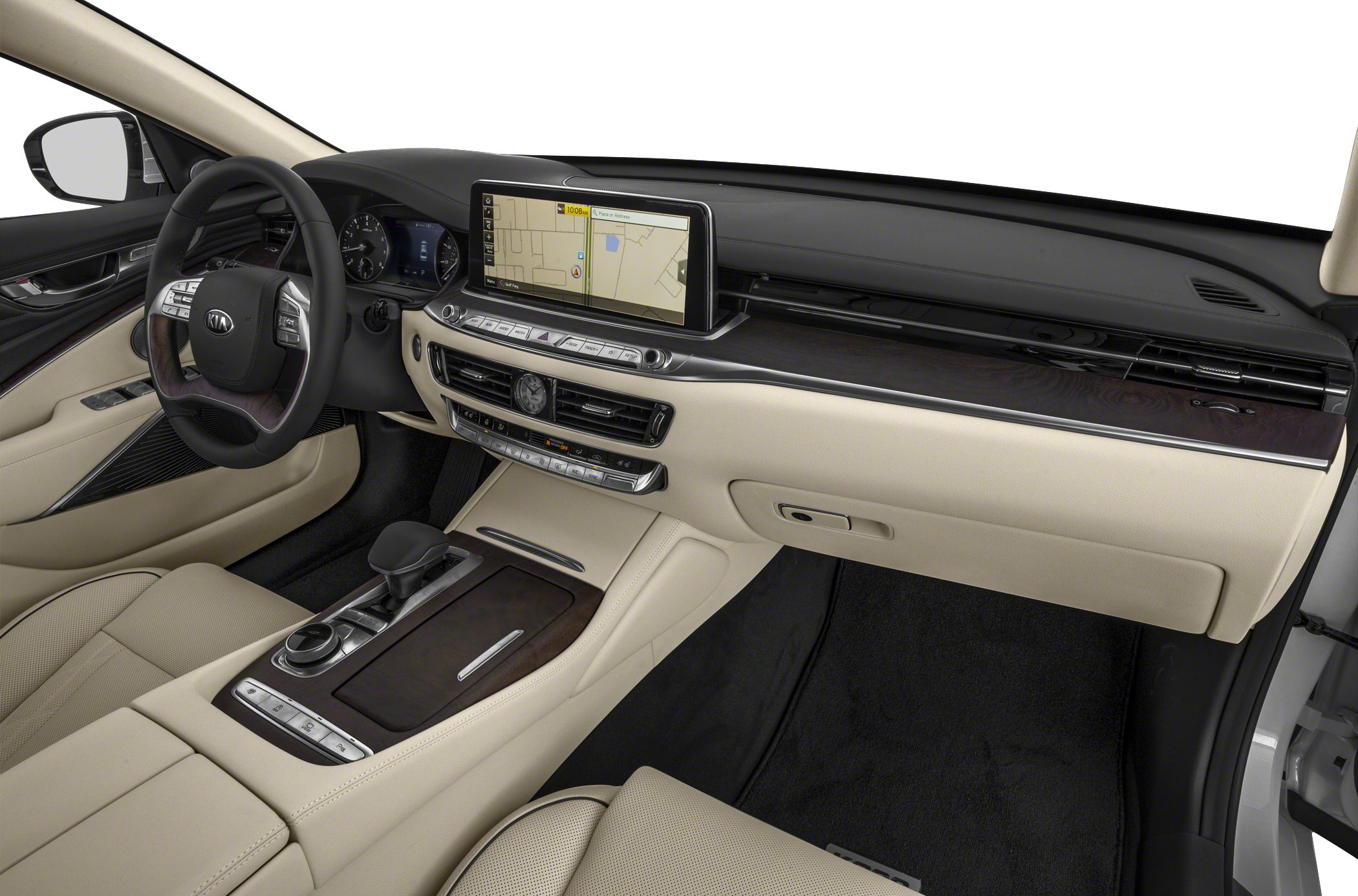 Luxury dashboard with navigation display and wood trim center console