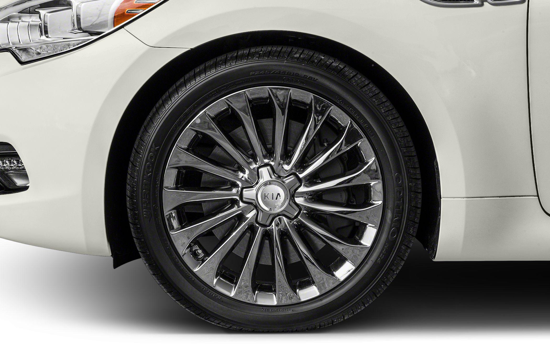 Close-up of multi-spoke alloy wheel and tire of a luxury sedan.