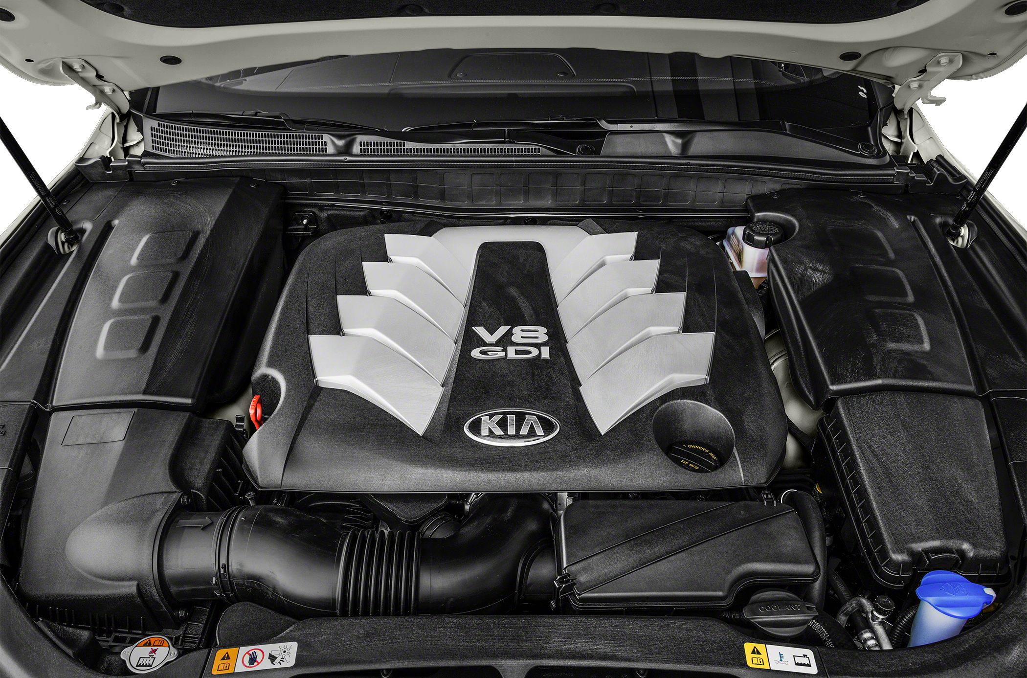 V8 GDI engine cover in engine bay with Kia logo